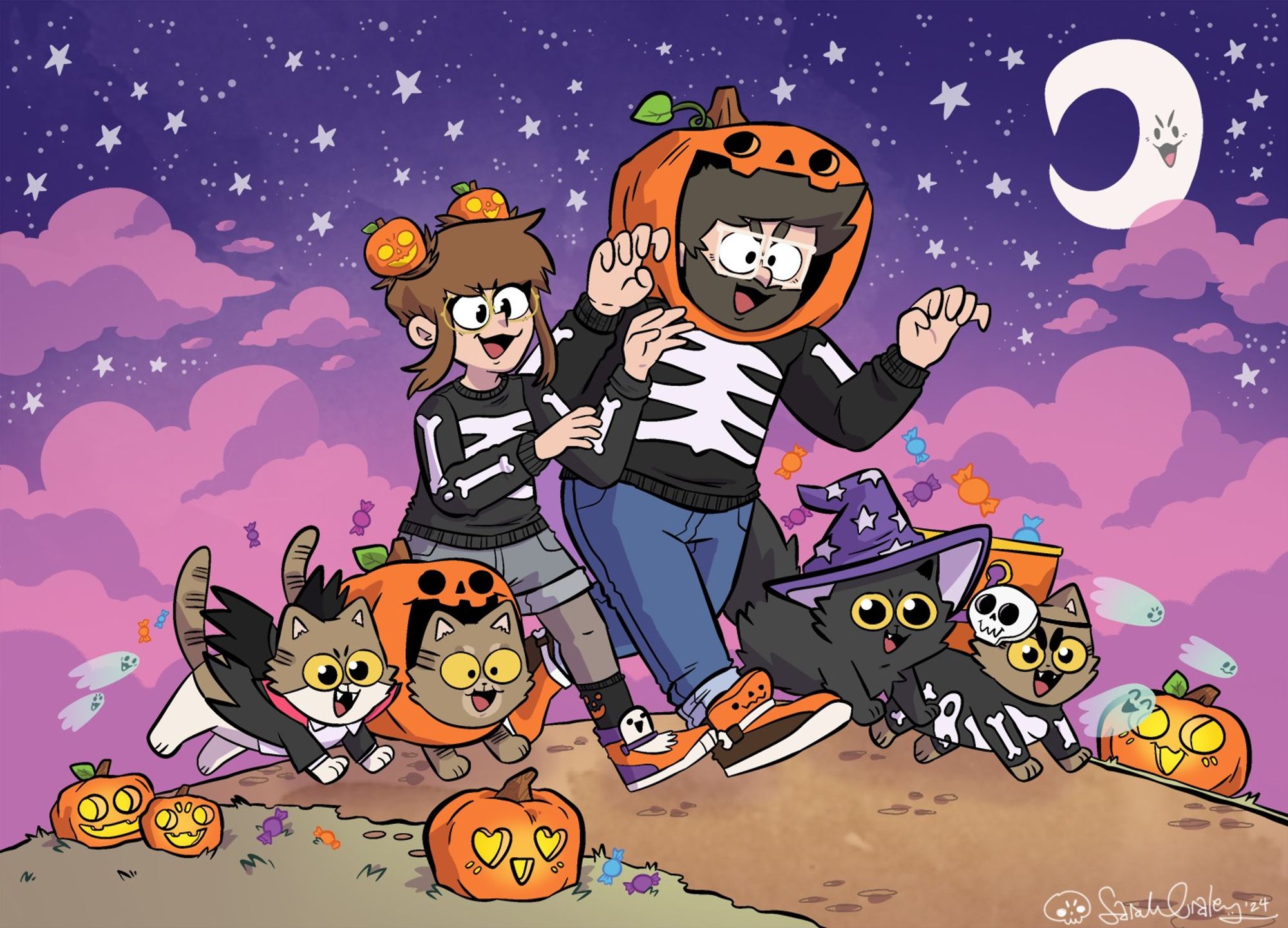 An illustration of Sarah and Stef and their cats running over a hill in spooky attire. Sarah and Stef are wearing skeleton jumpers, Sarah's hair is in two pumpkin buns, while Stef's head is in a big pumpkin. Wilson is dressed as a vampire, Pixel is dressed as a pumpkin, Toby is wearing a wizard hat, and Pesto is dressed up as a skeleton. There are happy glowing pumpkins, sweets and a few ghosts surrounding them.