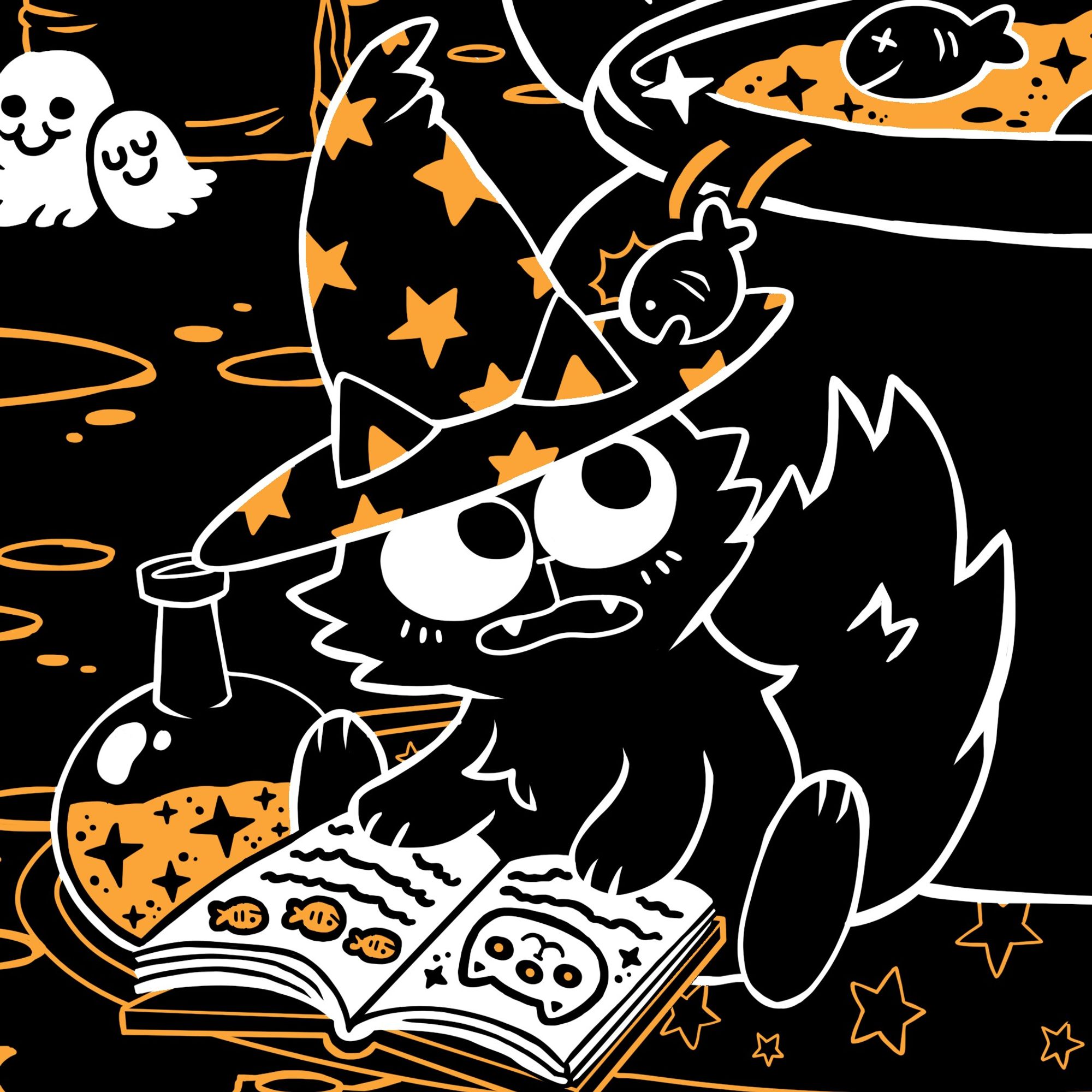 A wizard hat wearing cat studying a magical spells book next to a cauldron has a little fish hop out of the cauldron and onto their hat