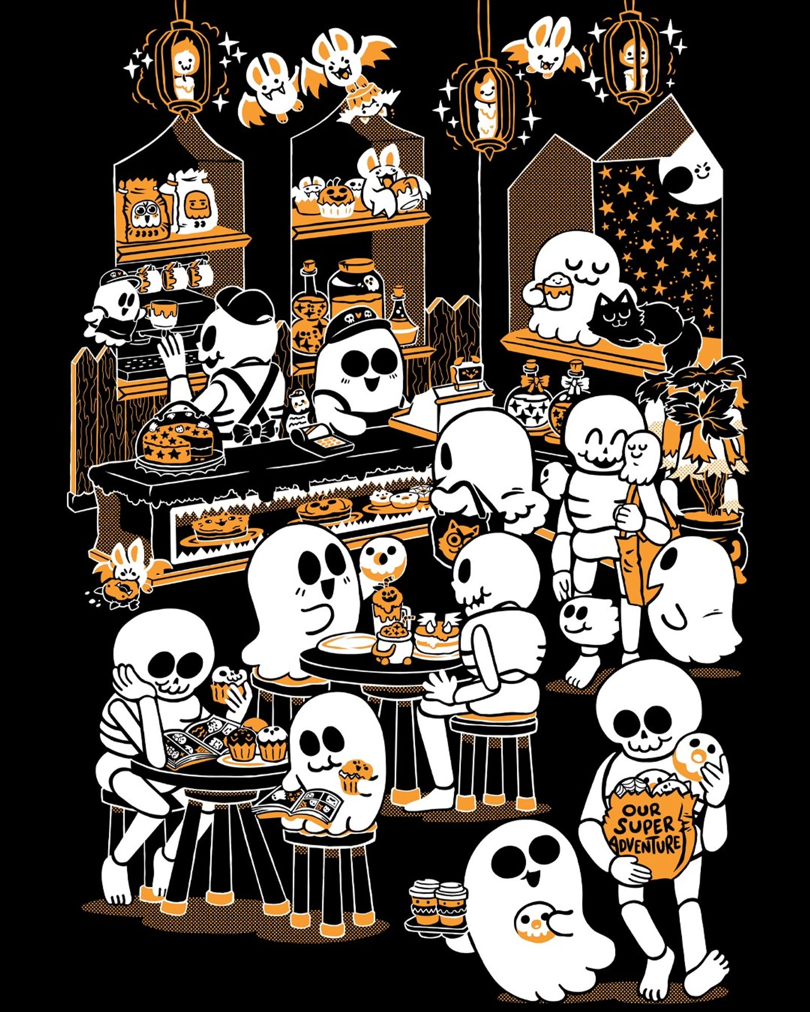 A spooky bakery featuring lots of ghosts and skeletons! A small ghost and skeleton make coffee together, a big ghost and teeny tiny ghost are serving another ghost who is browsing their cake selection. A ghost and black fluffy cat are having a cheeky nap on a windowsill - candles with flames with little :3 faces light up the place, with bats flapping around. In the foreground a ghost and skeleton are eating cupcakes and reading comics.