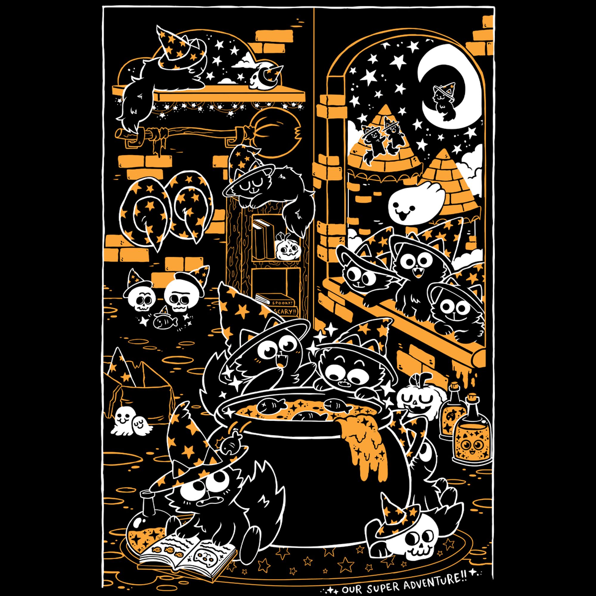 The sweater is black and the print is orange and white featuring lots of wizard hat wearing cats!