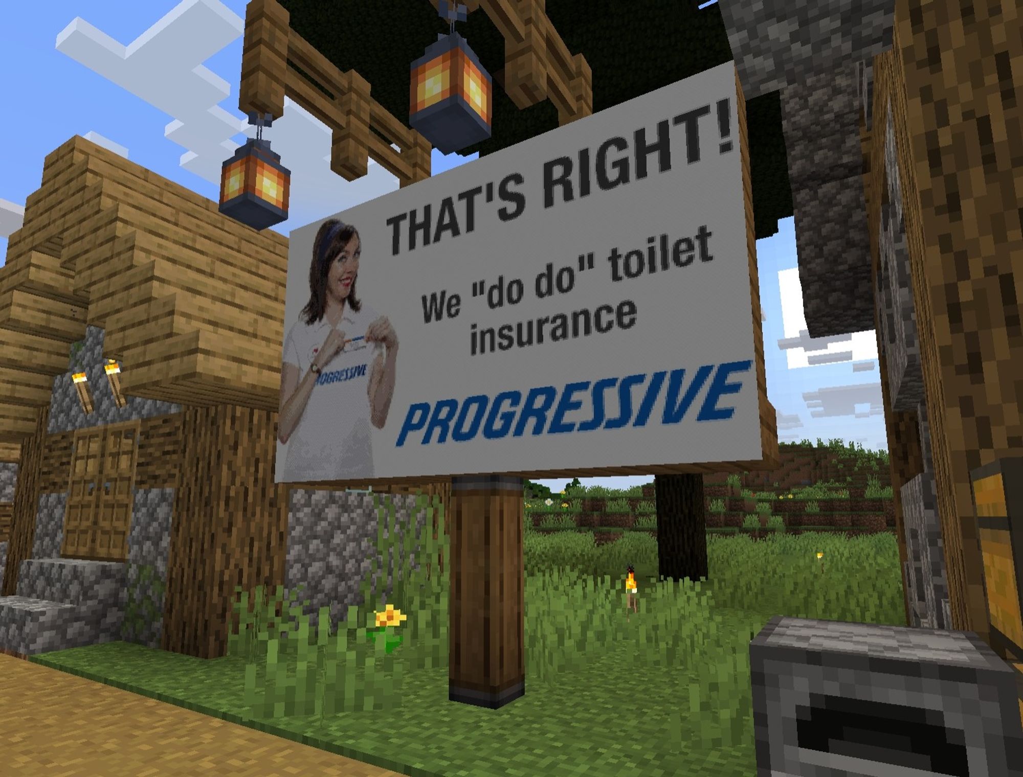 progressive insurance advertisement seen on a billboard in minecraft, the ad reads "that's right! we do do toilet insurance"