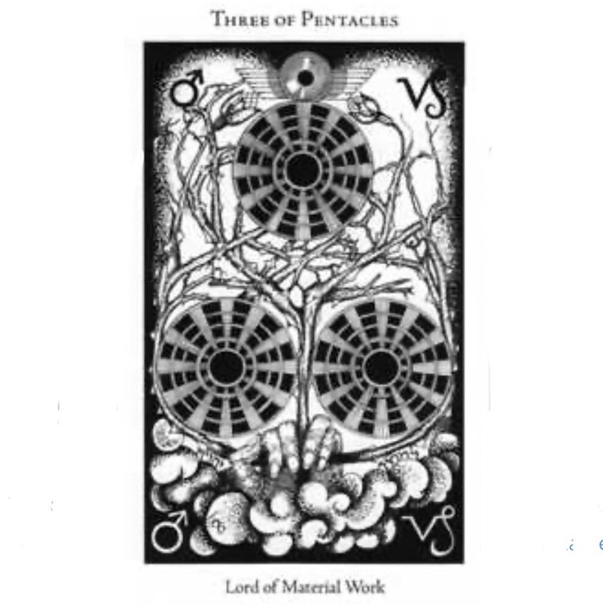 Three of Pentacles card consisting of 3 sectioned circles, a hand grasping a branch of thorns comes up from a cloud on the bottom