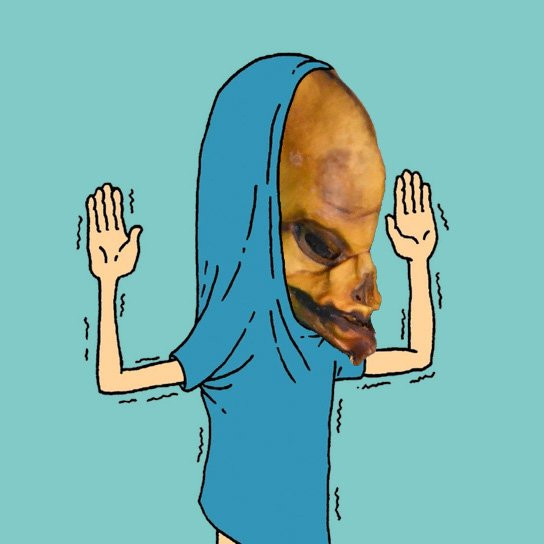 Beavis in the Cornholio pose with his arms raised and his shirt pulled up around his head, but I've photoshopped the mummy's face onto him.