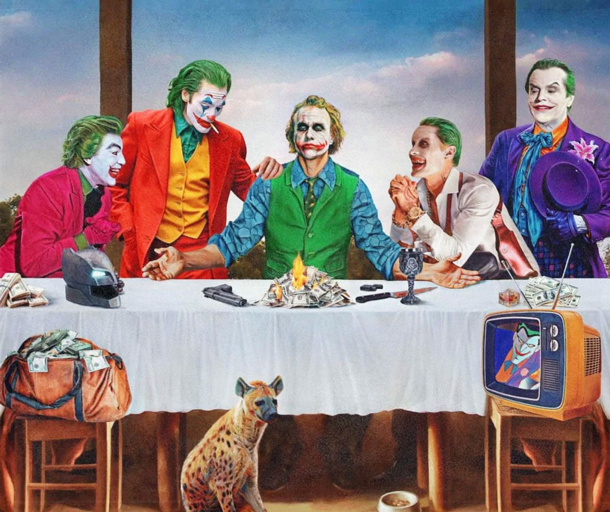 A painting of all the versions of The Joker from all the Batman movies, posed like The Last Supper.