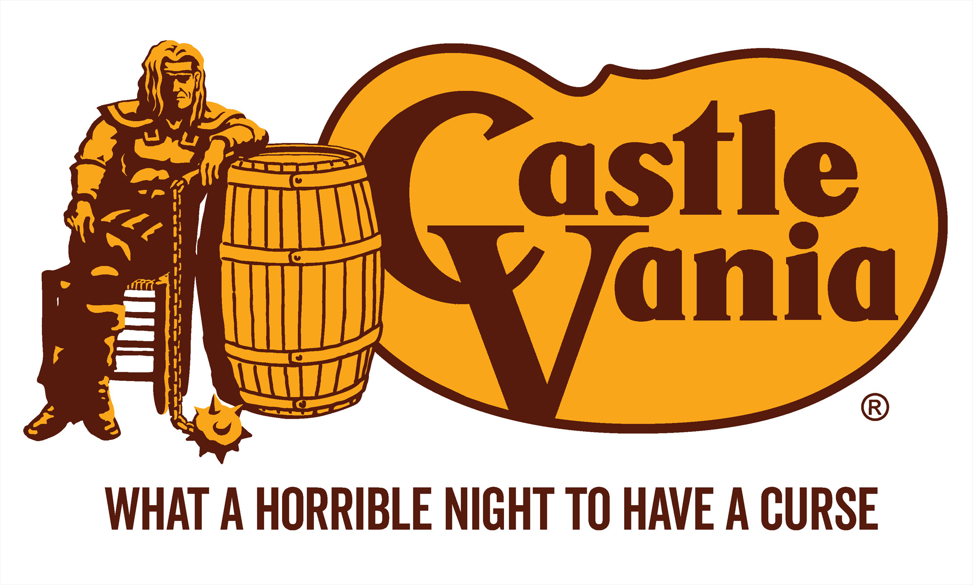 The Cracker Barrel logo but it's a parody that says Castlevania, and instead of the old guy sitting next to the barrel it's Simon Belmont sitting there; hilarious. 