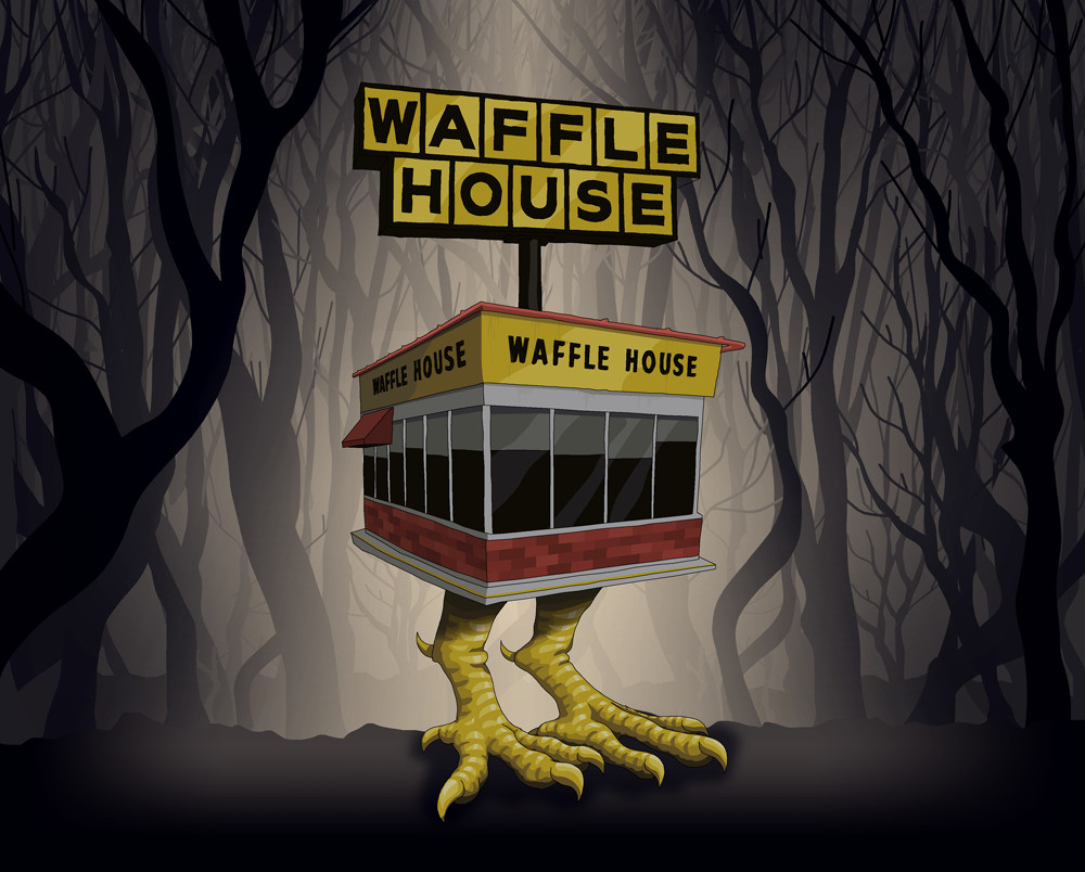 An illustration of a Waffle House on top of two giant chicken legs, like the Baba Yaga's house. It's standing in a spooky forest. 