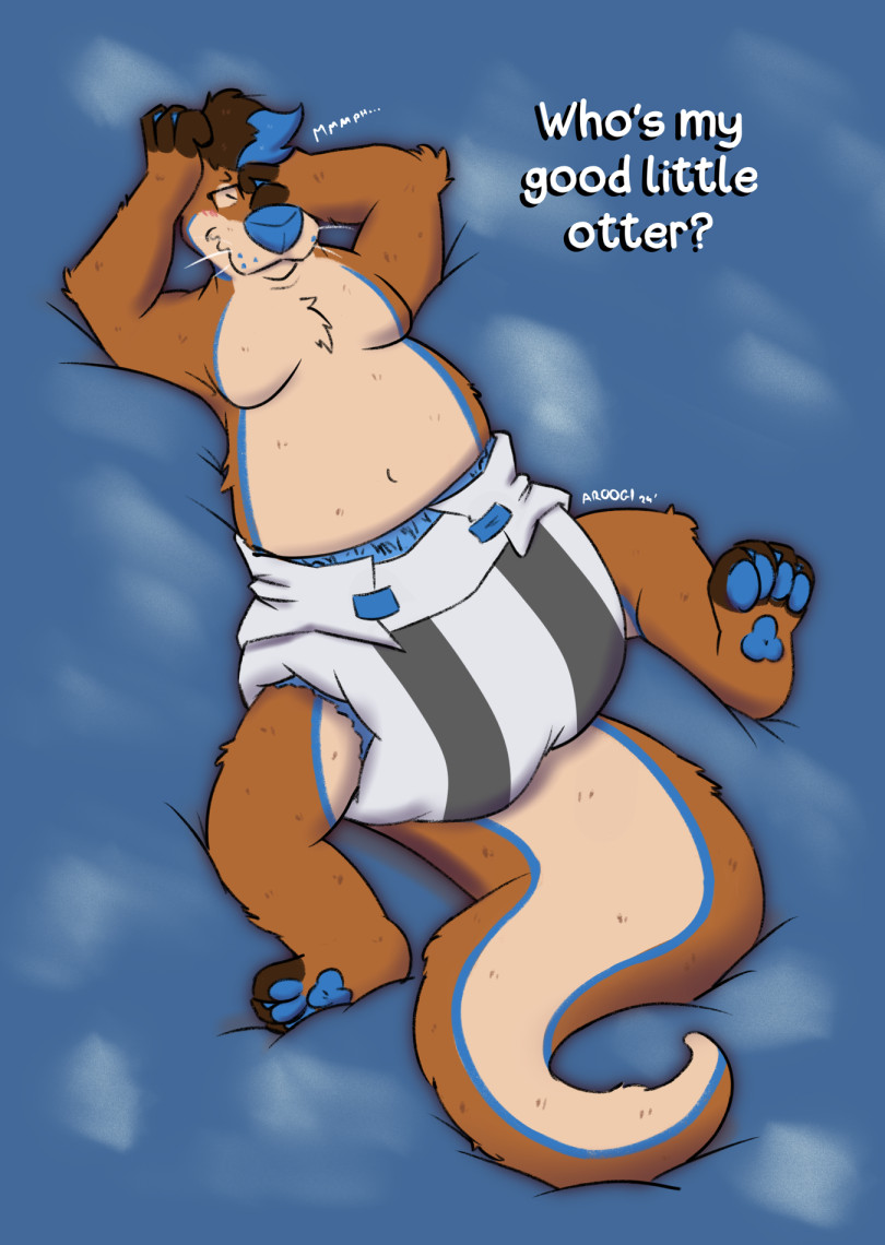 Chubby otter resting on the bed with legs spread out, hands covering their face while they get blushy from the words of their boyfriend "Who's my good little otter?"