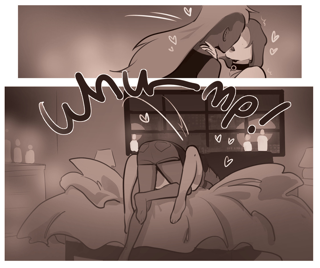 Panels from the NSFW webcomic Familiar: Rosemary and Diana kissing and falling into bed