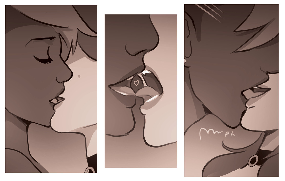 3 panels from the NSFW webcomic Familiar of Rosemary and Diana kissing