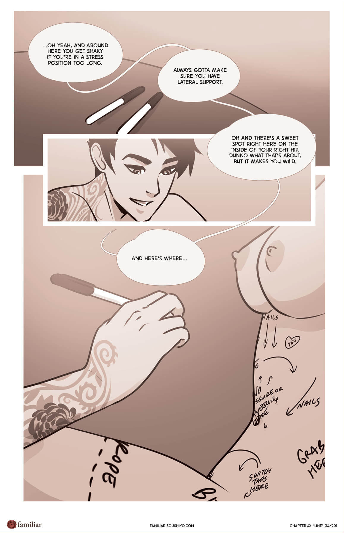 2025 page from soushiyo's nsfw comic Familiar chapter 4X LINE where jack is writing on diana with a body marker