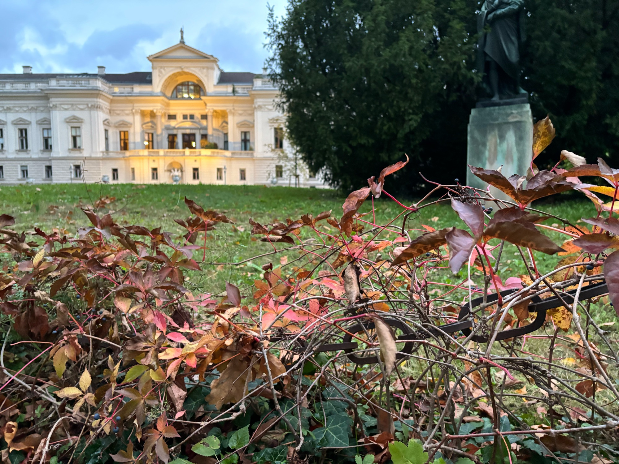 Herbstlaub im Park, im Hintergrund unscharfes Palais