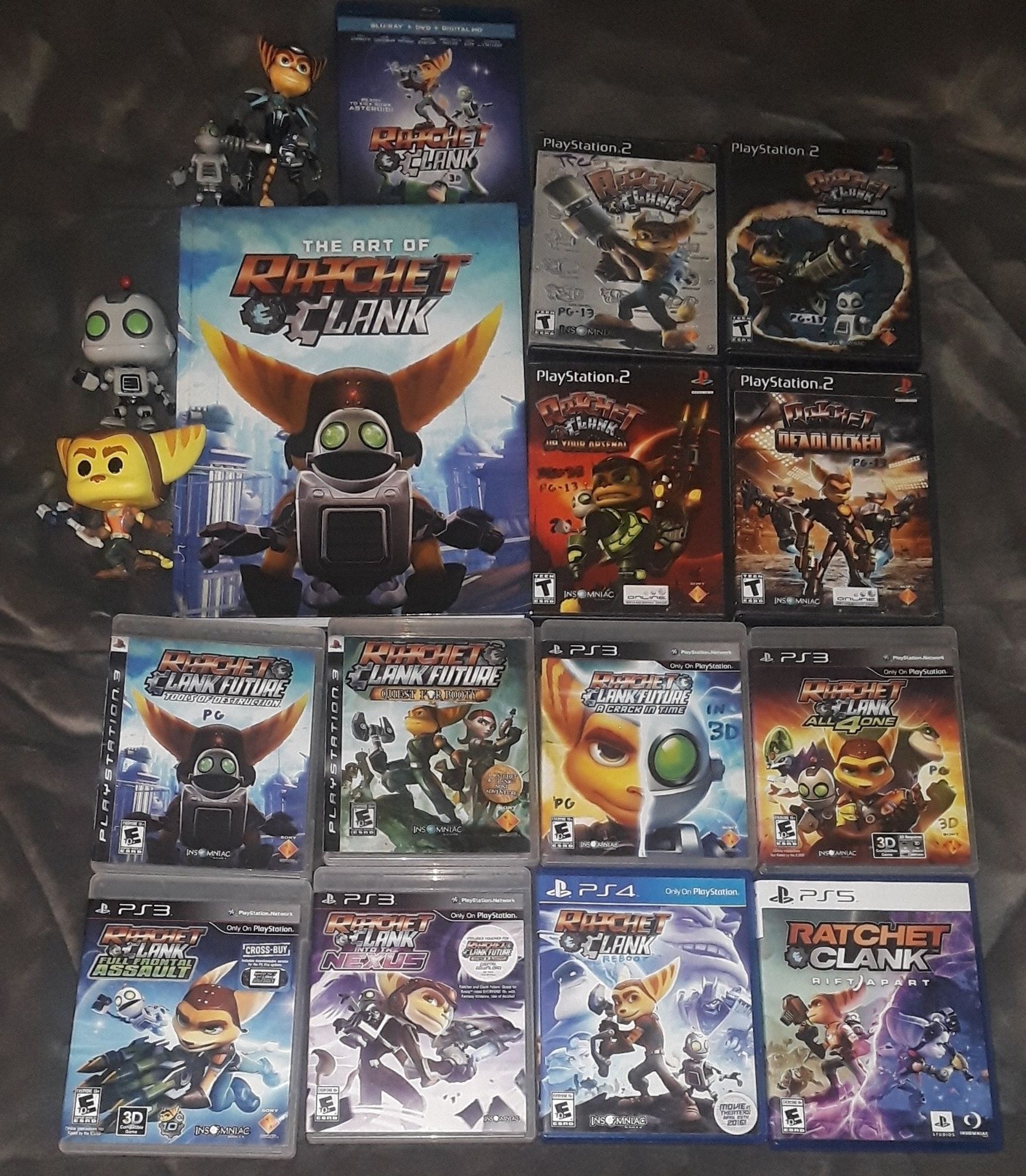 Sony & PS Studios' Ratchet & Clank franchise!

Sony & PS Originals' Ratchet & Clank (2002) PS2, Sony & PS Originals' Ratchet & Clank 2: Going Commando (2003) PS2, Sony & PS Originals' Ratchet & Clank 3: Up Your Arsenal (2004) PS2, Sony & PS Originals' Ratchet: Deadlocked (2005) PS2, Sony & PS Originals' Ratchet & Clank Future: Tools of Destruction (2007) PS3, Sony & PS Originals' Ratchet & Clank Future: Quest for Booty (2008) PS3, Sony & PS Originals' Ratchet & Clank Future: A Crack in Time (2009) PS3, Sony & PS Originals' Ratchet & Clank: All 4 One (2011) PS3, Sony & PS Originals' Ratchet & Clank: Full Frontal Assault (2012) PS3, Sony & PS Originals' Ratchet & Clank Future: Into the Nexus (2013) PS3, Sony & PS Originals' Ratchet & Clank Reboot (2016) PS4, PS Originals' Ratchet & Clank the Movie (2016), and Sony & PS Studios' Ratchet & Clank: Rift Apart (2021) PS5; created and developed by Insomniac Games!