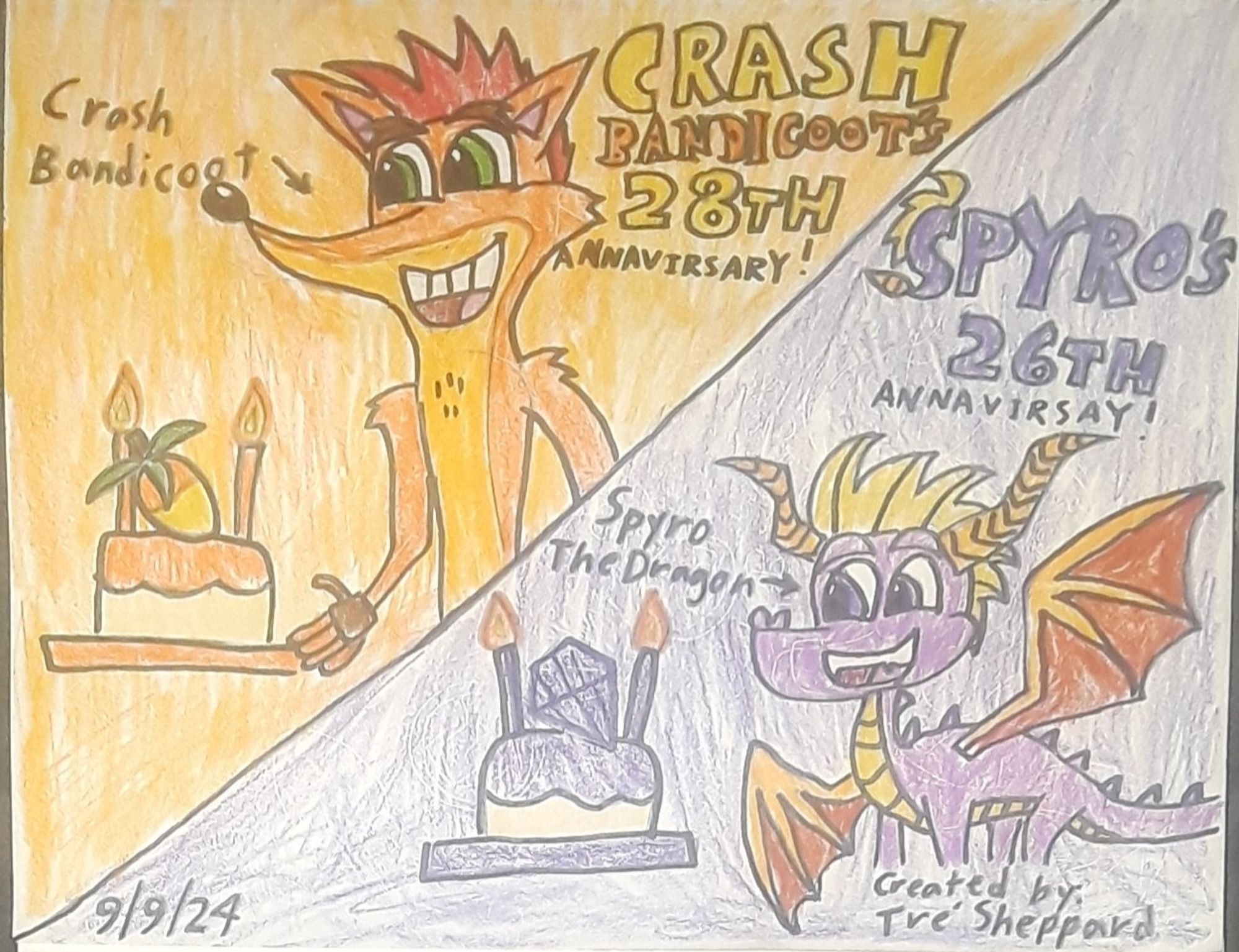 Crash Bandicoot's 28th anniversary and Spyro the Dragon's 26th anniversary!

Credits:
Featuring of the characters:

Crash Bandicoot and Spyro the Dragon (c) Naughty Dog (Crash characters), Insomniac Games (Spyro characters), Universal Interactive Studios, Sierra Entertainment, and Activision of Microsoft Company.