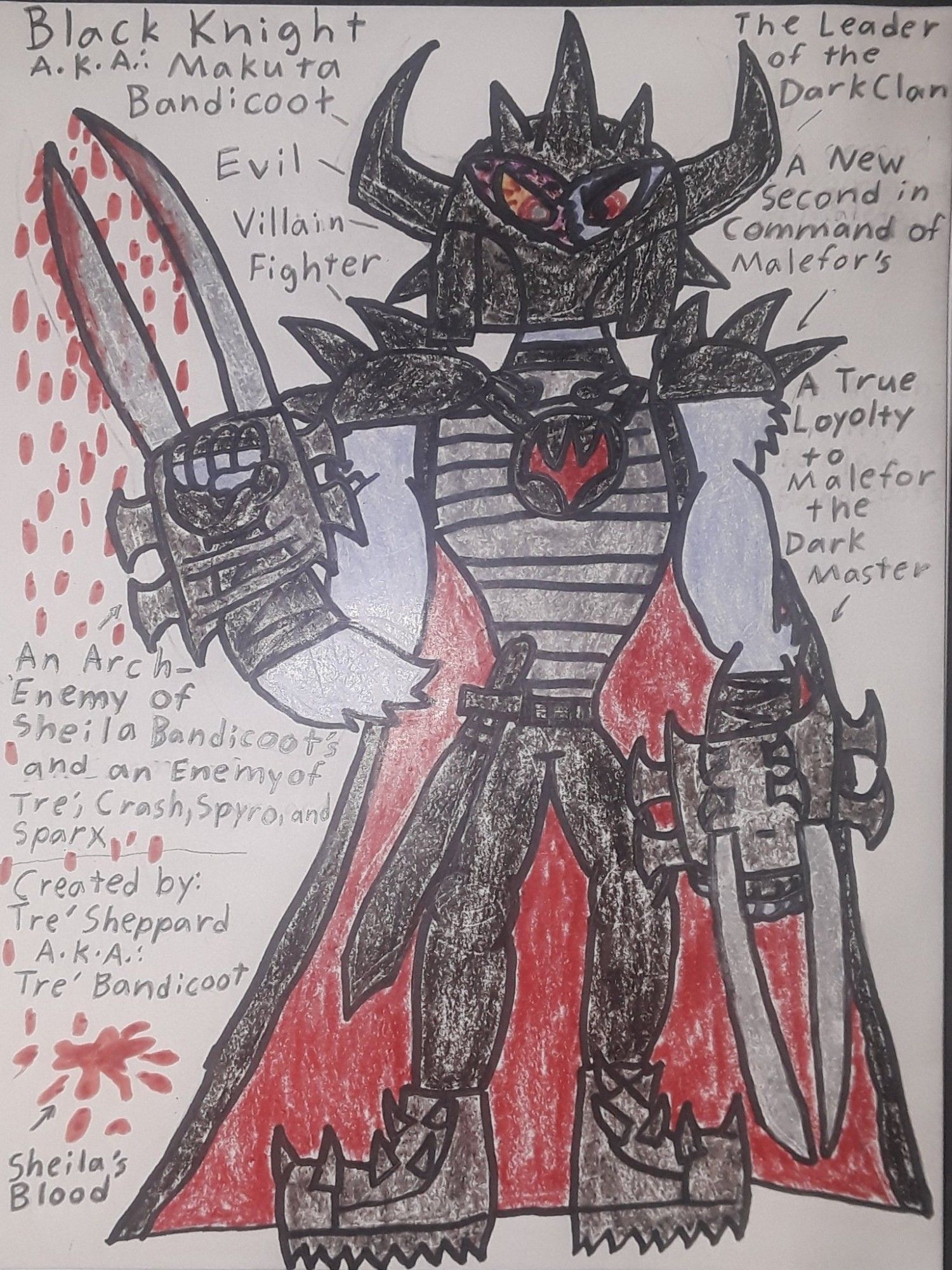 BIO INFORMATION:

Full name: Oroku Makuta Bandicoot.

Aliases: The Black Knight.

Species: Grayish Blue Bandicoot (Purple Dragon Hybrid)

Gender: Male

Age: 59

DOB: 10/31/1960

Alliance: Pure Evil

Birthplace: Japan

Home: Dark Clan HQ of the Mountain of Wumpa Island.

Family: Oroku Kaiji Bandicoot (deceased biological father), Killa Bandicoot (adopted daughter), Malefor (biological grandfather/  Master).

Allies: the Dark Master, Dark Ninjas, His Minions, Malefor the Dark Master, his students and henchmen, Uka Uka, and more.

Enemies: Team Bandicoot Dragon Heroes (hated enemies), Crash Bandicoot, Tre' Bandicoot, Sheila Bandicoot (arch-enemy), Spyro, Sparx, Team Bandicoot Dragon Heroes' Allies, and more.

Likes: Training, Loyal to Malefor, Rule Malefor's side, World Domination, Chaos, Hell, Destruction, and Evil.

Dislikes: Light-Blue Bandicoot Clan, Sheila Bandicoot, Crash Bandicoot, Team Bandicoot Dragon Heroes, People who stands in his way, Betray, Disloyal, and incompetent minions