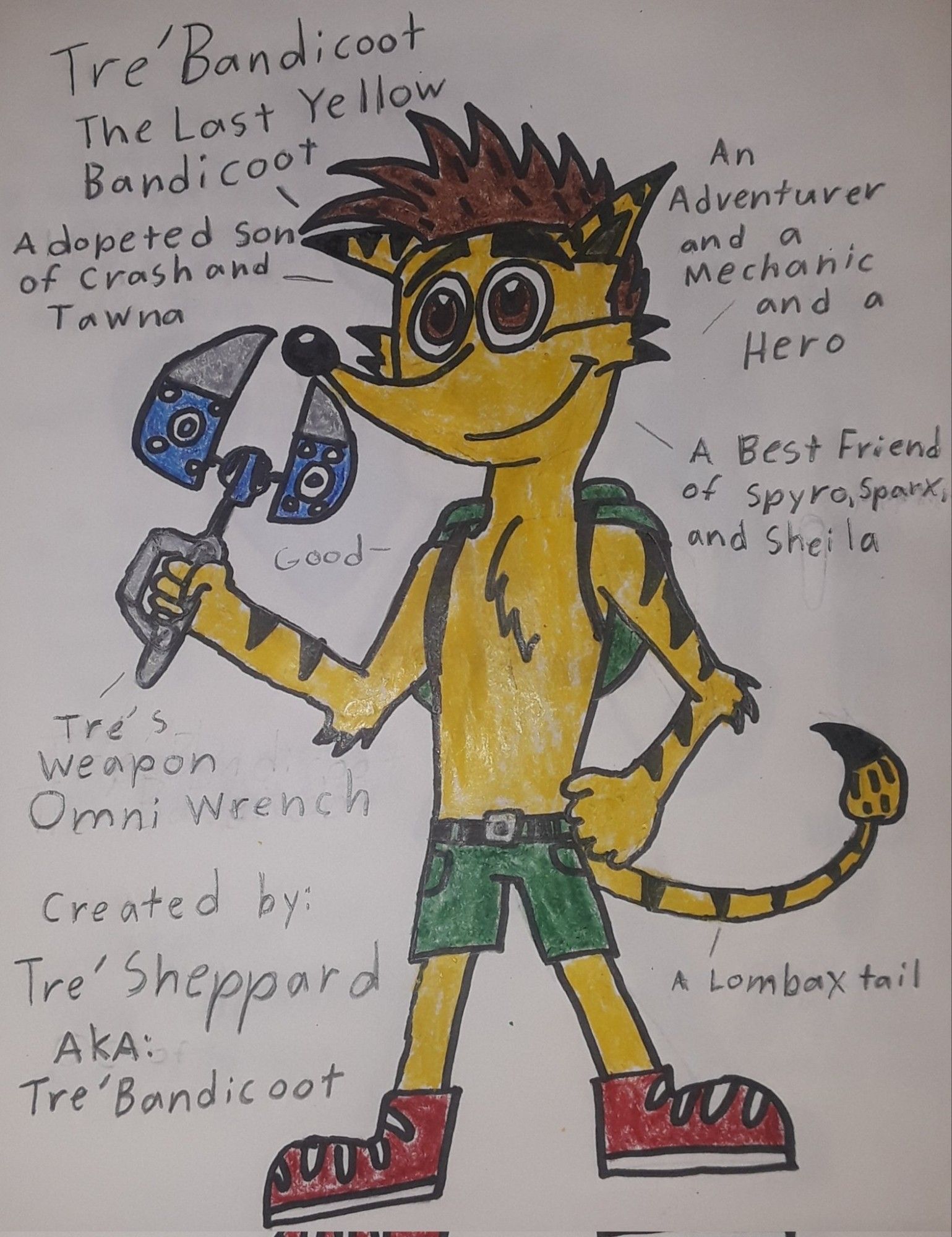 BIO INFORMATION:

Full Name: Tre' Sheppard Bandicoot. 

Species: Yellow Bandicoot.

Gender: Male

Alliance: Good 

Age: 18

Status: Alive 

DOB: 9/11/1994

Birthplace: Planet Fastoon of Polaris Galaxy 

Home: Wumpa Island of Planet Earth 

Likes: Friends, Family, Cartoons, Drawing, Playing Video games, watching TV and movies, Wumpa Fruits, adventures, Sheila Bandicoot (secret crush), Pizzas, saving the world, and being a hero .

Dislikes: Bullies, Bad Guys, Evil, People Judging by calling him a Yellow freak, his Friends and Family in danger, Friends and family's deaths, and Sparx's annoyance. 

Family: Crash Bandicoot (father), Tawna (mother), Coco (aunt), Crunch (uncle), Crash Jr (older brother), Melvin (Great Grandfather).

Allies: Spyro, Sparx, Sheila, Cynder, Nigel, O.R.A.N.G.E., Aku Aku, Hunter, Elora, Bianca, and more.

Enemies: Rex the T-Rex (arch-enemy), the Black Knight (great enemy), Killa Bandicoot, Dr. Neo Cortex, Uka Uka, N. Tropy, N. Oxide, Gnasty Gnorc, Ripto, the Sorcer