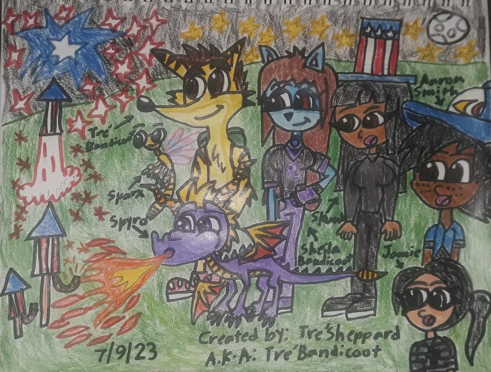 "Spyro uses his fire breath to ignite the fireworks for Tre' Bandicoot, Sheila Bandicoot, Sparx the Dragonfly, Aaron Smith, Skunk, and Jamie Cristo during the 4th of July!"