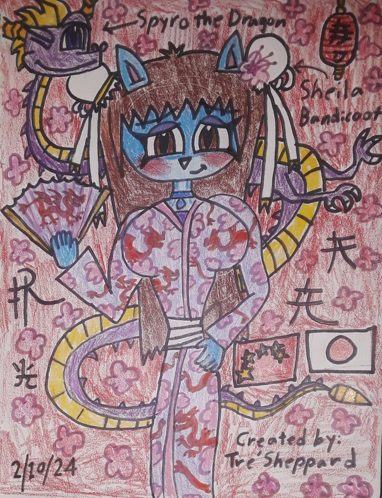 Sheila Bandicoot wears her Japanese robe to be ready for Lunar New Year and Year of the Dragon Festival with her friends and her allies.
Sheila Bandicoot really loves Year of the Dragon. Lunar New Year and Chinese New Year and Year of the Dragon is Sheila's most favorite holiday for Chinese and Japanese culture.
She had her first Lunar New Year to celebrate Year of the Dragon with her parents: Hokoda Bandicoot and Kya Bandicoot back in her Japanese village when she was a baby before her parents were killed by her hated arch-enemy: Makuta Bandicoot; A.K.A: The Black Knight; leader of the Dark Clan when she was very baby before she became an orphan and adopted by Crash Bandicoot to let her to be part of his family."