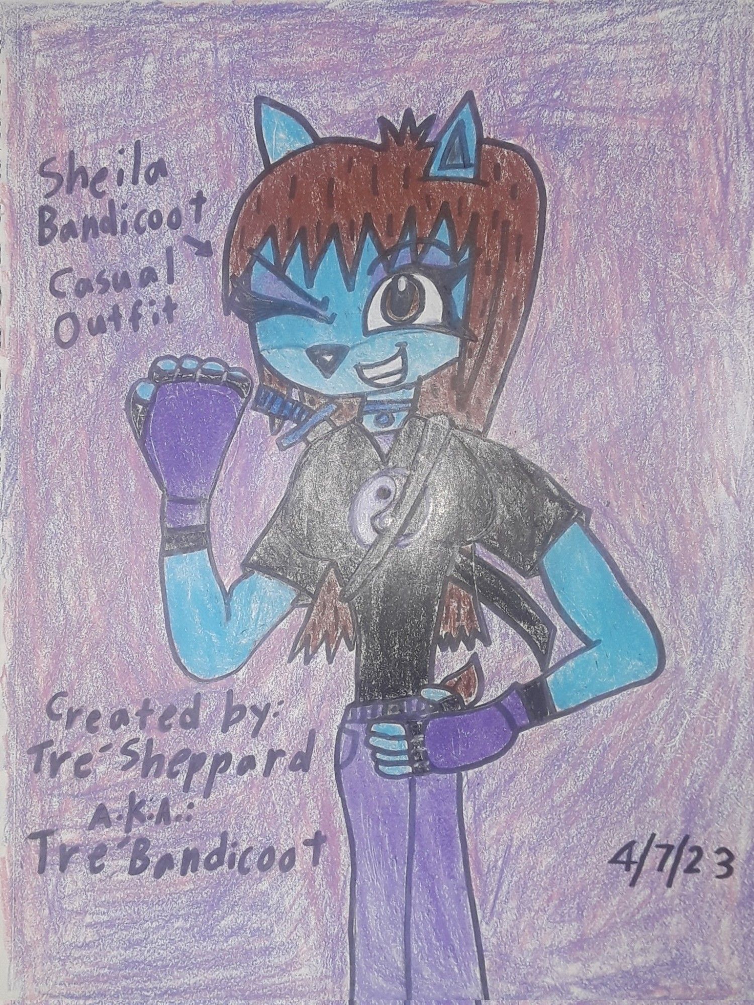 "Sheila Bandicoot's casual outfit as her second main outfit. She wears her black shirt T-shirt with a colored purple of a symbol of Yin Yang, her mother's blue Southern Water Tribe necklace, her purple jeans pants, her purple fingerless fighting gloves that she still use them to punch, and she also carries her father's magnetically enhanced Katana sword that it'll to destroy evil spirits, demons and devils.
She wears her casual outfit that she can go out any places, she can go to high school or college or work, her friends' houses, and she also can go out for some adventures, and she also can fight bullies, street thugs, crooks, killers, gangsters, thieves, robbers, con artists, burglars, bad guys, and criminals in the city because she's a vigilante hero and a street fighter."