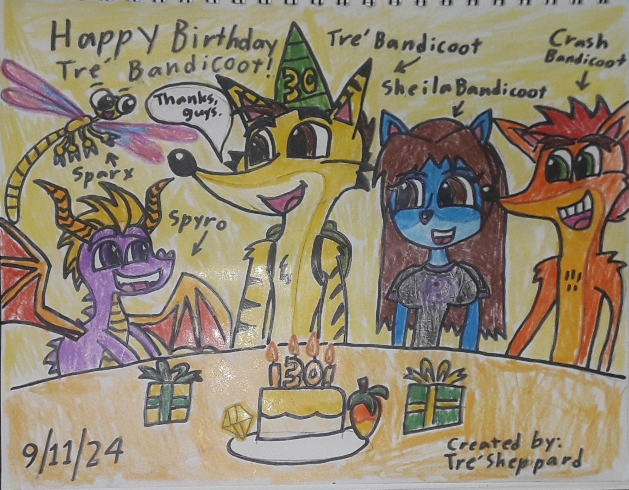 "Tre' Bandicoot's adoptive father: Crash Bandicoot, and Tre' Bandicoot's best friends: Sheila Bandicoot (my Crash Bandicoot OC), Spyro the Dragon and Sparx the Dragonfly are celebrating Tre' Bandicoot's (my Crash Bandicoot OC) birthday. But in my real life, I'm 30 years old now. But in both Crash Bandicoot and Spyro the Dragon Universe, Tre' Bandicoot (my Crash Bandicoot OC) is still age 18 years old."