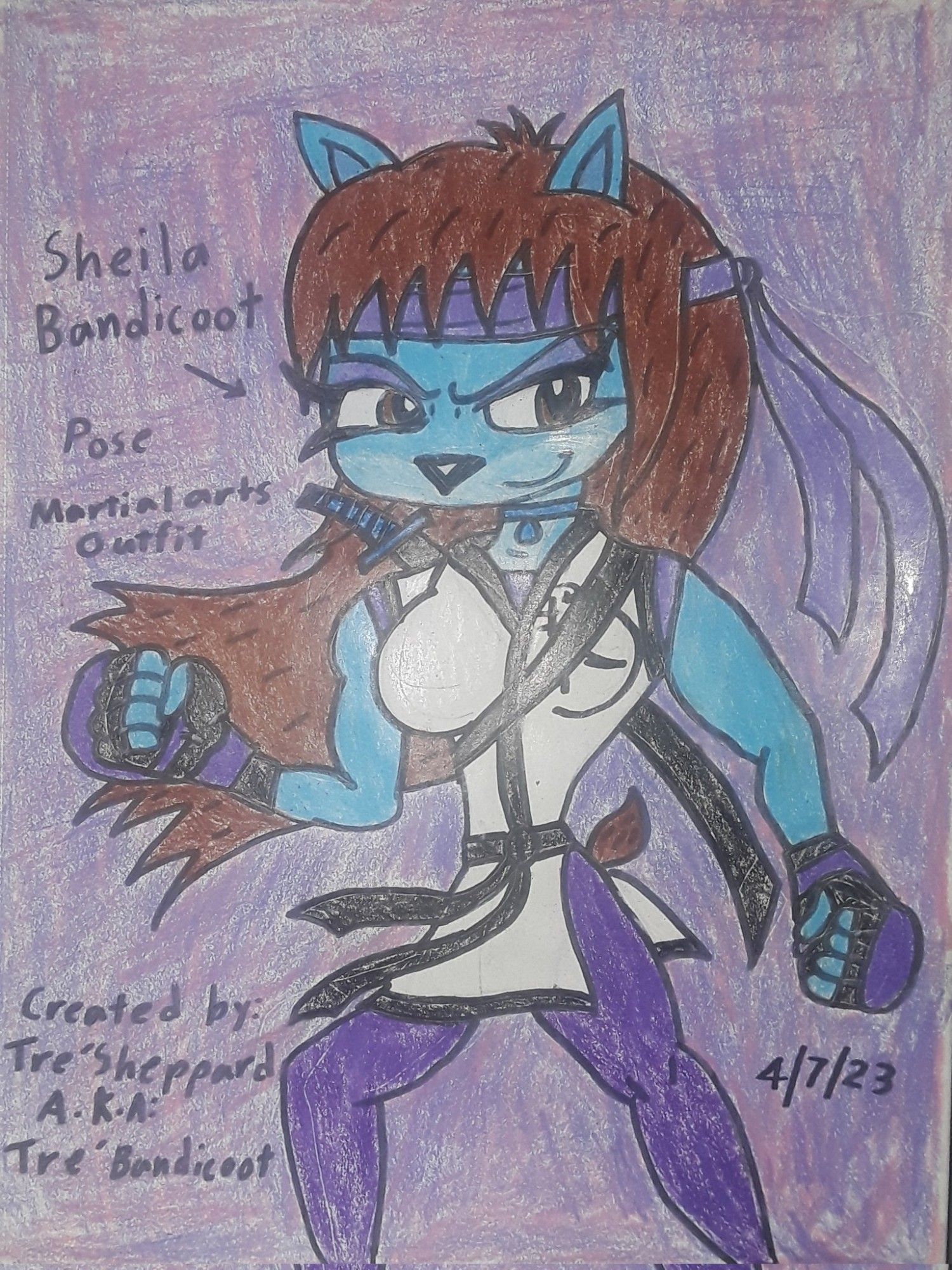 "This is Sheila Bandicoot's martial arts outfit as her first main outfit.
She wears her white sleeveless karate gi, her purple pants, her purple sneaker shoes, her purple karate headband, her karate black belt, and her her purple fingerless karate gloves, her mother's blue Southern Water Tribe necklace, and she also carries her father's magnetically enhanced Katana sword that it'll allow to destroy evil spirits, demons and devils.
And Sheila can always wears her martial arts outfit for her training, her adventures, and the martial arts tournament."