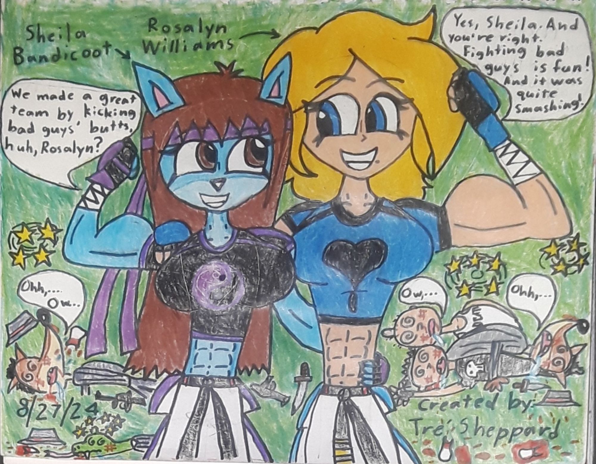 Sheila Bandicoot (my Crash Bandicoot OC) and Rosalyn Williams (ArrowDS64's OC) the two strongest martial arts women in the world!
"Sheila Bandicoot and her sensei/ martial arts mentor: Rosalyn Williams trained really hard in the martial arts dojo to become the strongest fighters, but now.... they've got muscles like muscle arms and rock hard abbs! And then Sheila and Rosalyn just went street fighting against these Street Thugs, the Potoroo Gangsters and the Komodo Gangsters, and they'll have to admit, with Sheila and Rosalyn's karate and martial arts skills by doing something like fighting crimes like vigilantes, fighting bad guys is fun! And Sheila and Rosalyn are loving it!"