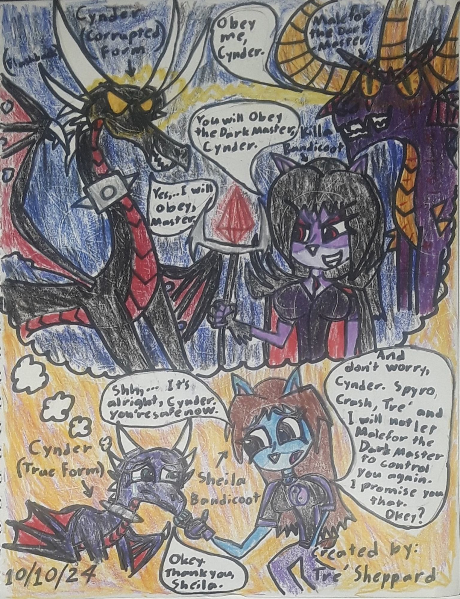 "Sheila Bandicoot (my Crash Bandicoot OC) comferts her best friend: Cynder (from The Legend of Spyro Trilogy) about Cynder's darkest past when she was dealing her own bad deeds with her former master: Malefor the Dark Master (from The Legend of Spyro Trilogy) the one who controlled her by doing horrible things that she's done when Cynder was corrupted into an evil monstrous dragoness by Malefor's trusted loyal servants: Gaul the Ape King (from The Legend of Spyro Trilogy) and the Black Knight and Killa Bandicoot (my both Crash Bandicoot OCs) with Malefor's dark powers at the Well of Souls of the Mountain of Malefor when Gaul, Black Knight and Killa Bandicoot attacked the Dragon Temple with the army of Apes and then they took Cynder away as an egg from the Temple when Ignitus saved Spyro's egg from Gaul, Black Knight and Killa. So Malefor used Cynder to freed him from his prison in Convexity before he had returned to the Dragon Realms at the Well of Souls on Night of Eternal Darkness."