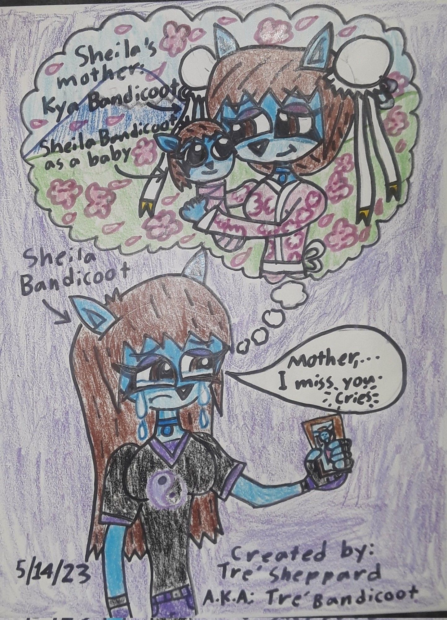 "Sheila Bandicoot really misses her mother named Kya Bandicoot, and especially her father named Hakoda Bandicoot where they were killed by her hated arch-enemy named Black Knight the leader of the Dark Clan when she had such tragedy when she was a baby. But Sheila's still got her mother's Blue Water Tribe Necklace around her neck to remember her mother by keeping touched with her mother's spirit and always remembered and loved her much more."