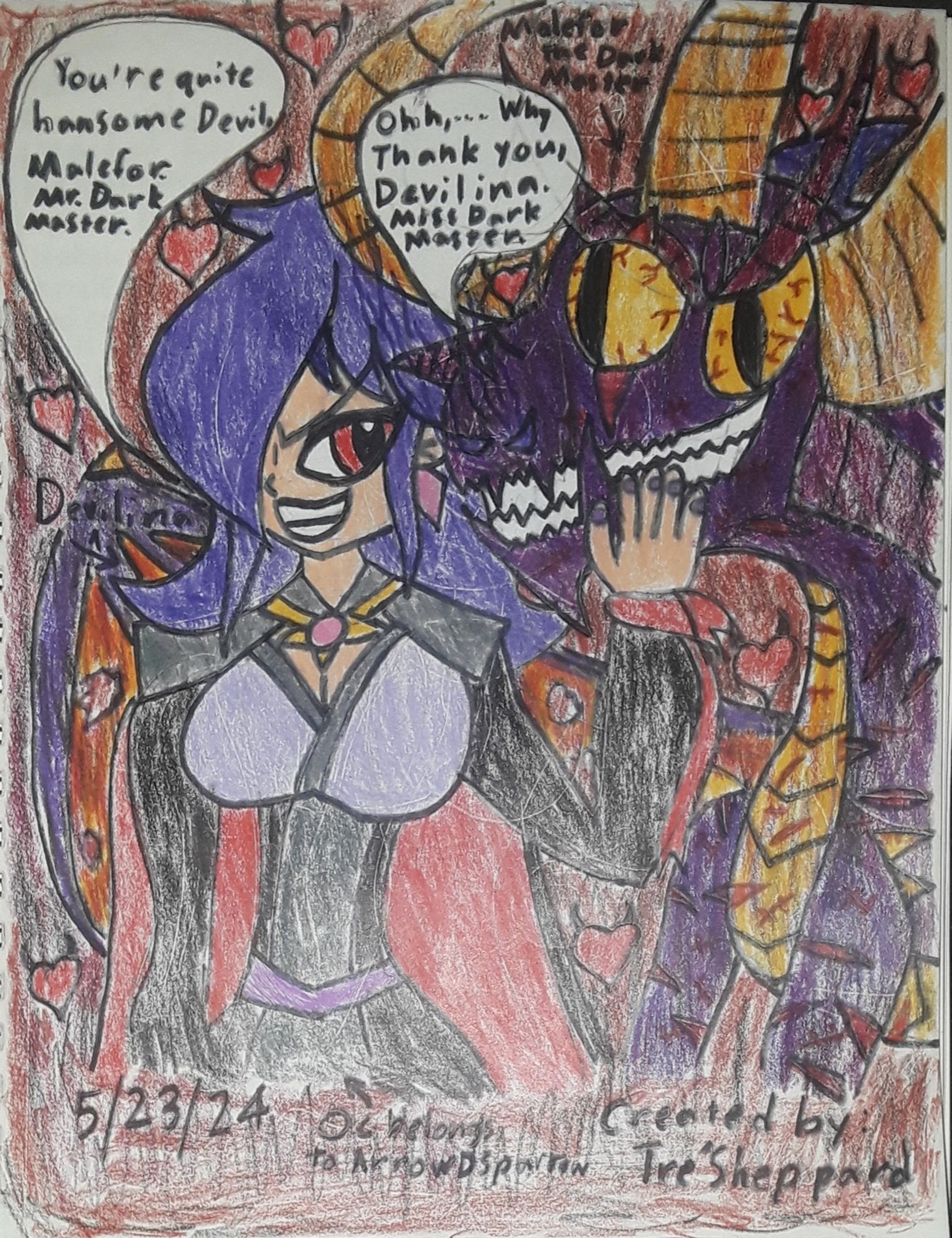 "After Malefor's resurrection since he's been brought back to life and free from the Well of Souls as eternal rest by his two new loyal comrades: Black Knight; real name: Makuta Bandicoot (my OC of Crash series) and his daughter: Killa Bandicoot (my OC of Crash series) when they freed Malefor's from the portal of Convexity, they resurrected a most powerful Sorceress, a half human woman and a half demon named Devilina (ArrowDSparrow's OC) to freed her from her crypt as her eternal rest when they freed her spirit from the realm of the Underworld of Hell, Malefor and Devilina finally met each other and ruled side by side to destroy the world to turn whole world into Hell, and they have a lot in common. Malefor is only a thousands years old, and Devilina is only 38,000 years old. Malefor and Devilina are in love each other, and they became Dark Masters, King and Queen of Evil, and the Rulers of Hell!"

Malefor:  "You manage our affairs with such poise."

Devilina:  "Naturally. As do you."