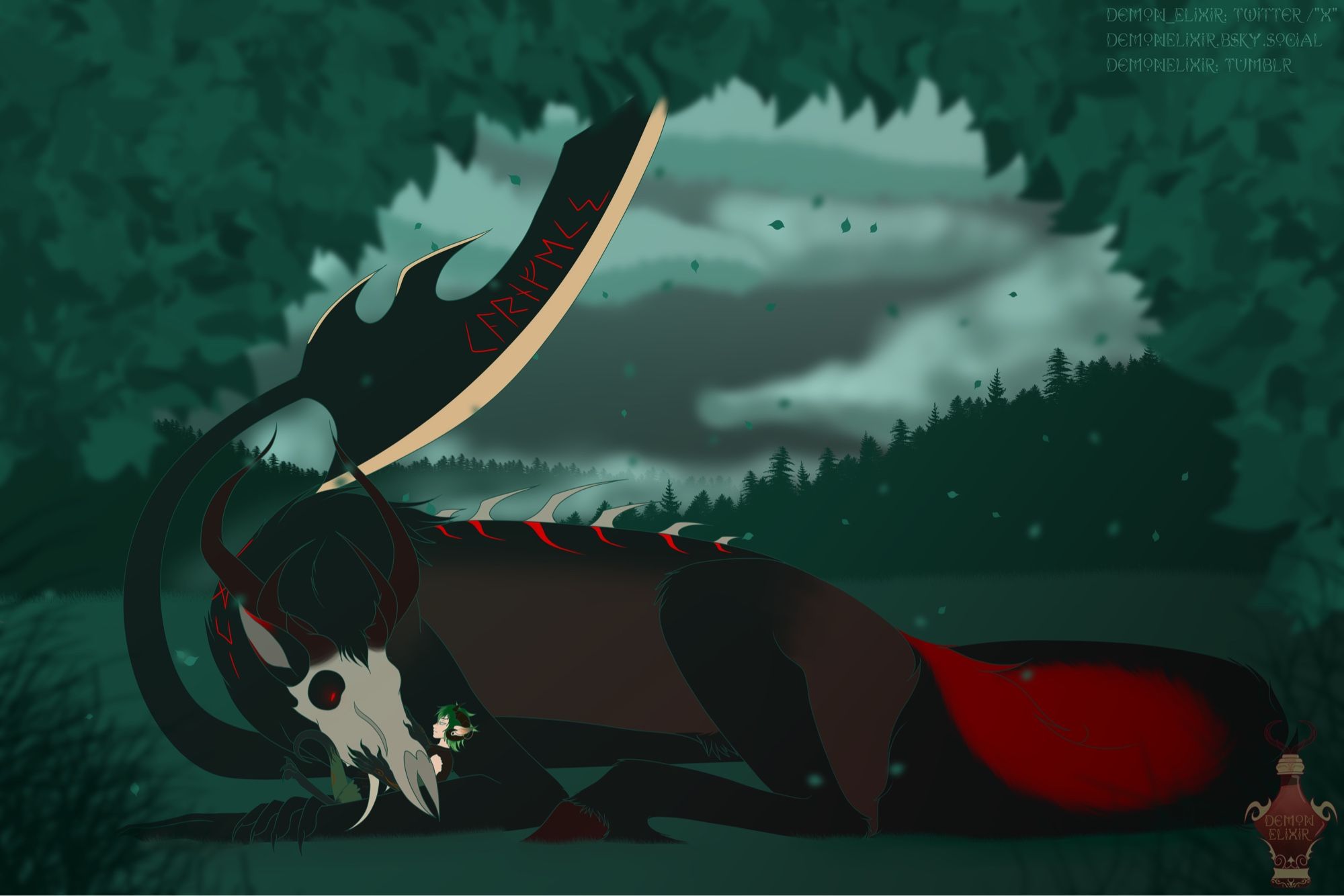 Alastor the deer skulled demon cuddling the smaller demon Amaymon