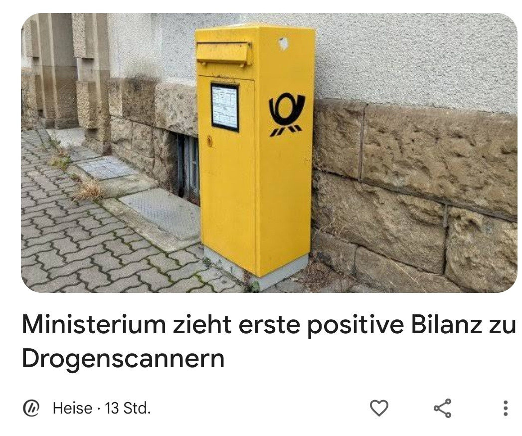 Screenshot eines Onlineartikels von "Heise" mit der Überschrift: "Ministerium zieht erste positive Bilanz zu Drogenscannern". Darüber ist ein Foto von einem gelben Briefkasten.