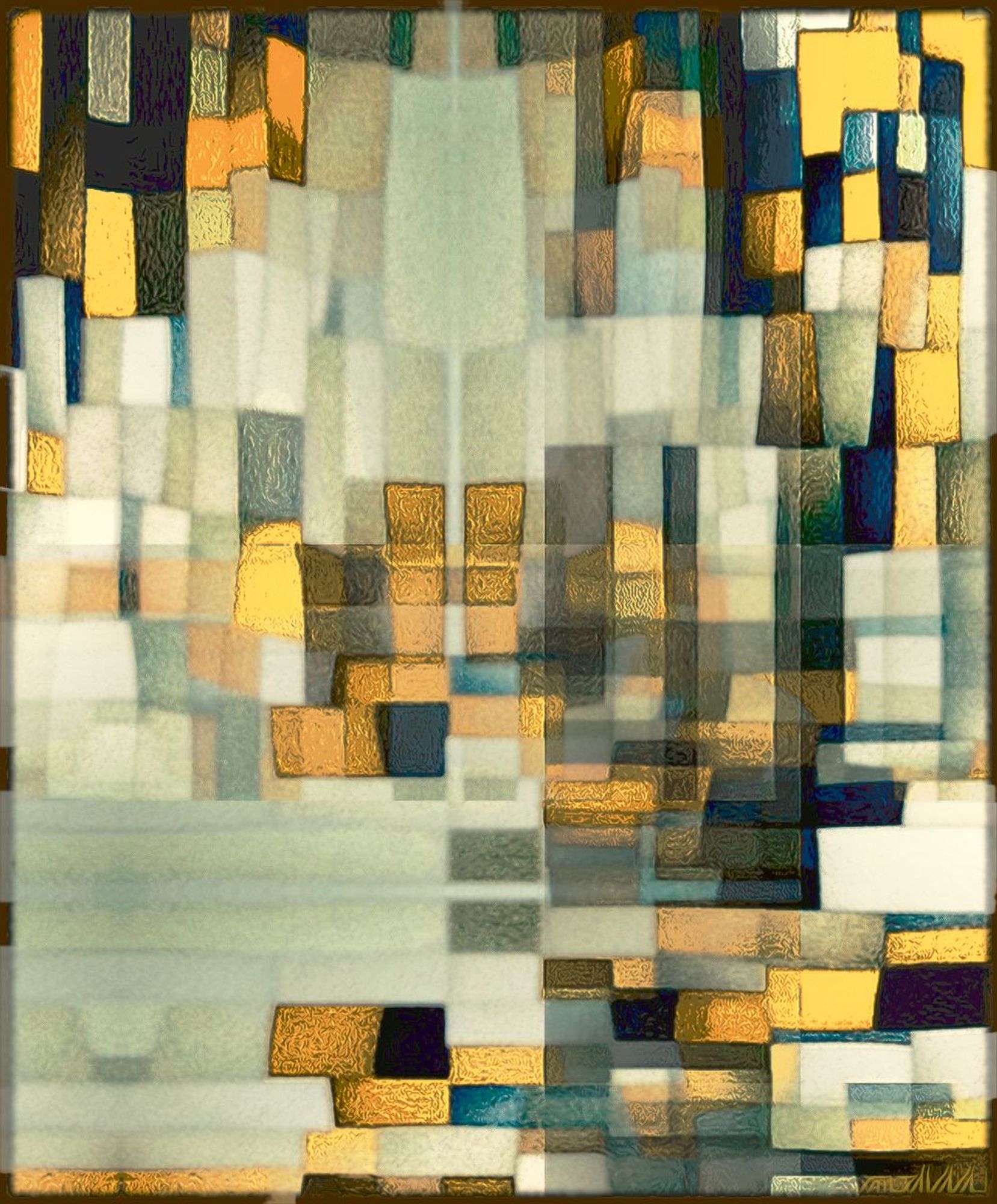 The colors are a mix of warm tones like gold, yellow, and orange, interspersed with cooler hues such as blue and green. The shapes overlap and blend in a way that gives a sense of depth and texture, with some areas appearing more translucent. The overall aesthetic is reminiscent of a stained glass window.