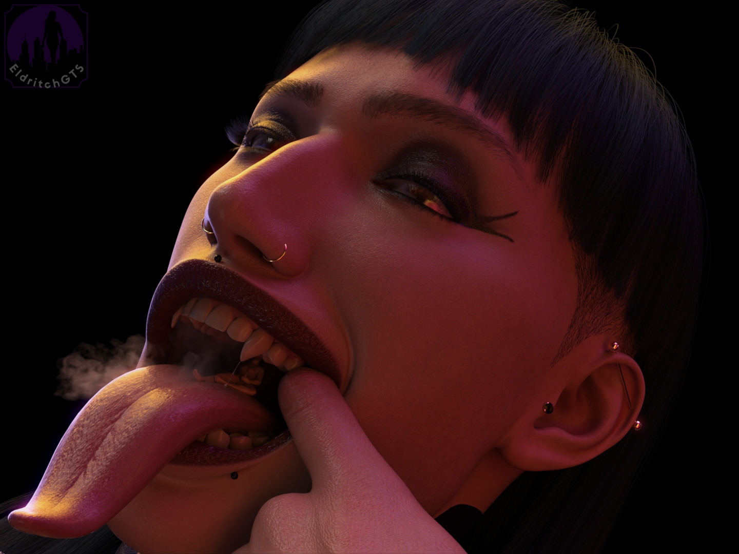 3D Render
Mina stretches wide her gaping maw with the aid of her index finger. Her long tongue extends past her chin and thick saliva strings drip from the roof of her mouth. Barely visible behind the cage of her sharp fangs is her tiny victim, helplessly stroking his cock while laid back on her enormous tongue.