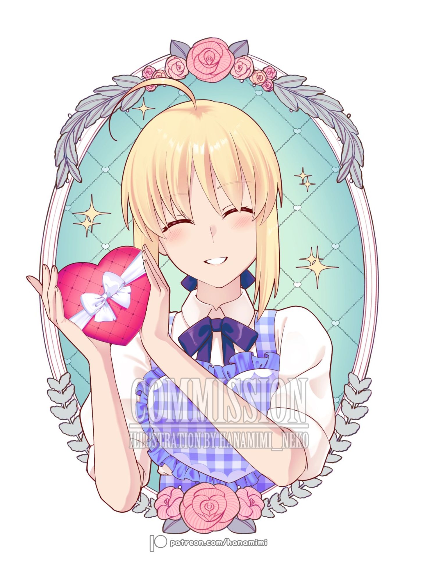 Illustration of Saber from Fate Stay Night holding a heart shaped box of chocolate with a happy expression