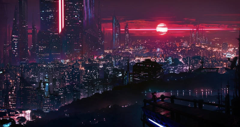 Photobashed cityscape with primary black blue red and purple colors and lights, a huge building on the right, reddish clouds and a red sunset, a platform on the foreground with a shadow of a character watching