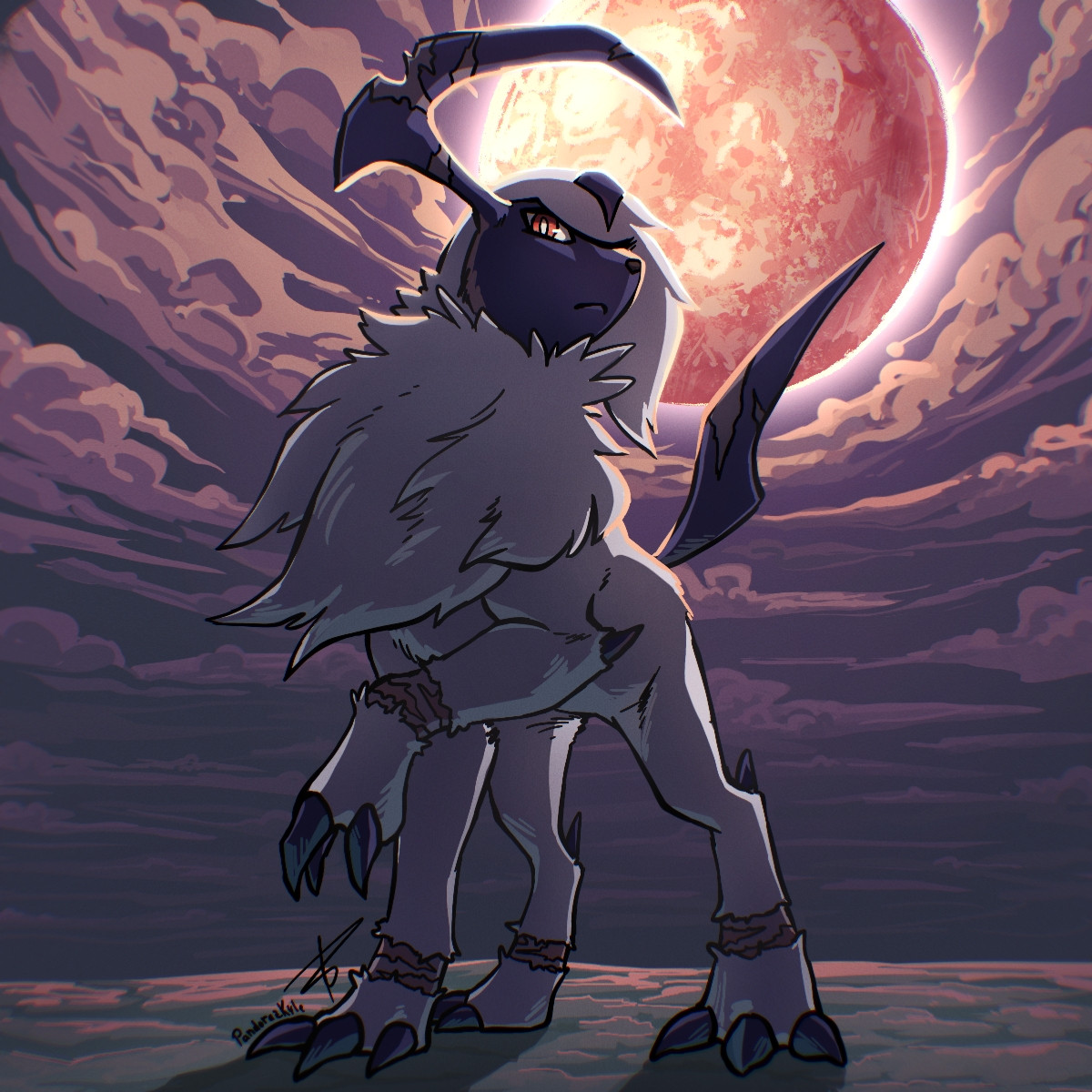 À digital drawing of an Absol with several scars on the paws, horn, and tail, in a backlight with a huge red moon and a sky full of clouds, his fur is flowing to the wind