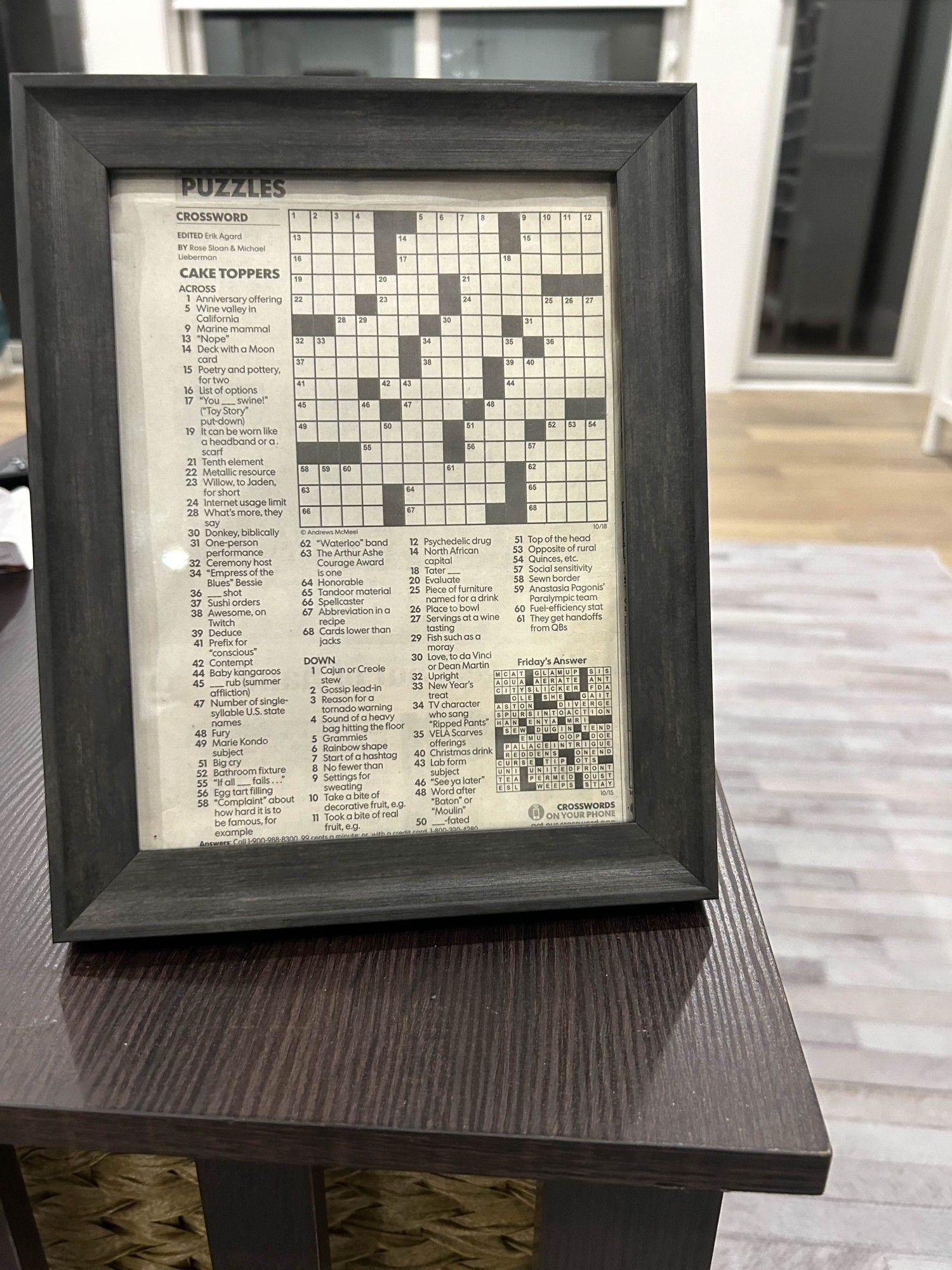 A framed crossword puzzle