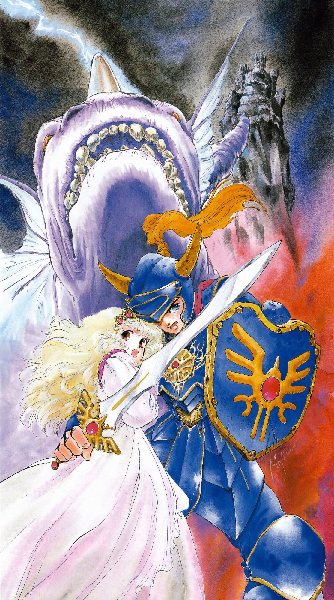 Dragon Quest clean artwork by Inomata Mutsumi used on the cover of Dragon Quest Story novel. Image depicts a warrior wielding a sword and shield, holding a blonde woman in a right dress. There's a huge dragon head behind them as well as a castle in the distance.