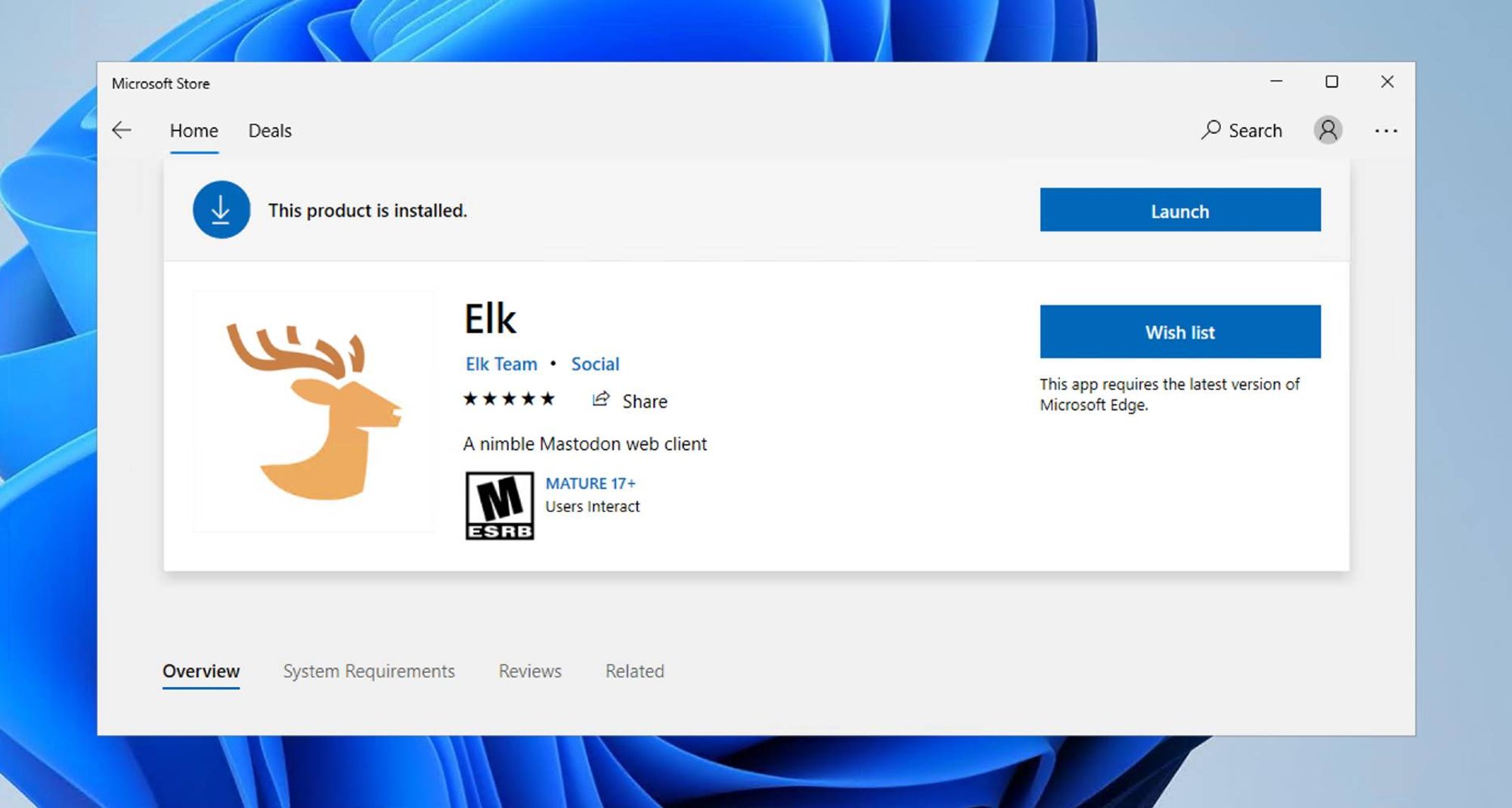 A screenshot of Elk on the Microsoft Store.