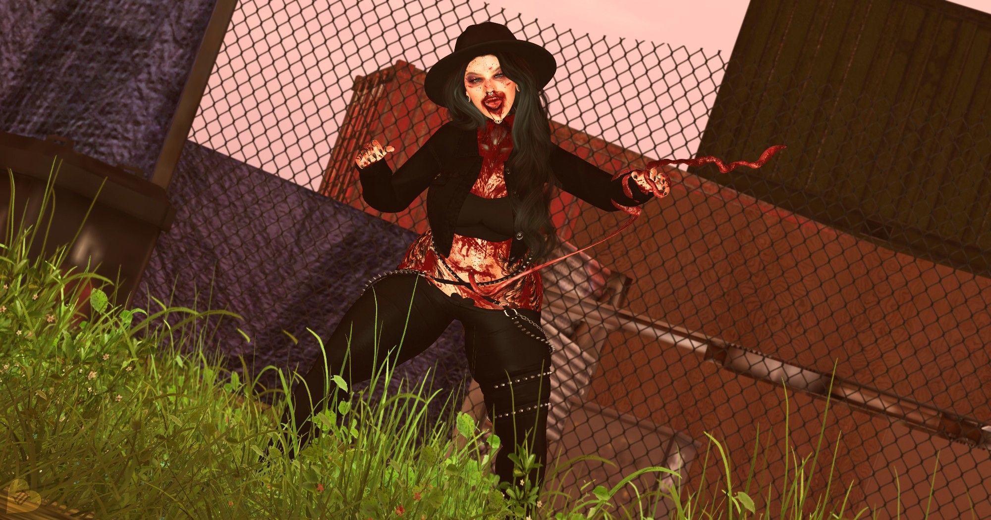 A virtual cosplay of an apex zombie variant from Dead Island 2: SoLA. A dark haired woman dressed all in black with what appears to be her own guts ripped out and curled around her arm. She seems to be quite angry and screaming, as if she's ready to attack. She's standing in front of a fence that has a DIY shelter behind it and shipping containers in the distance.