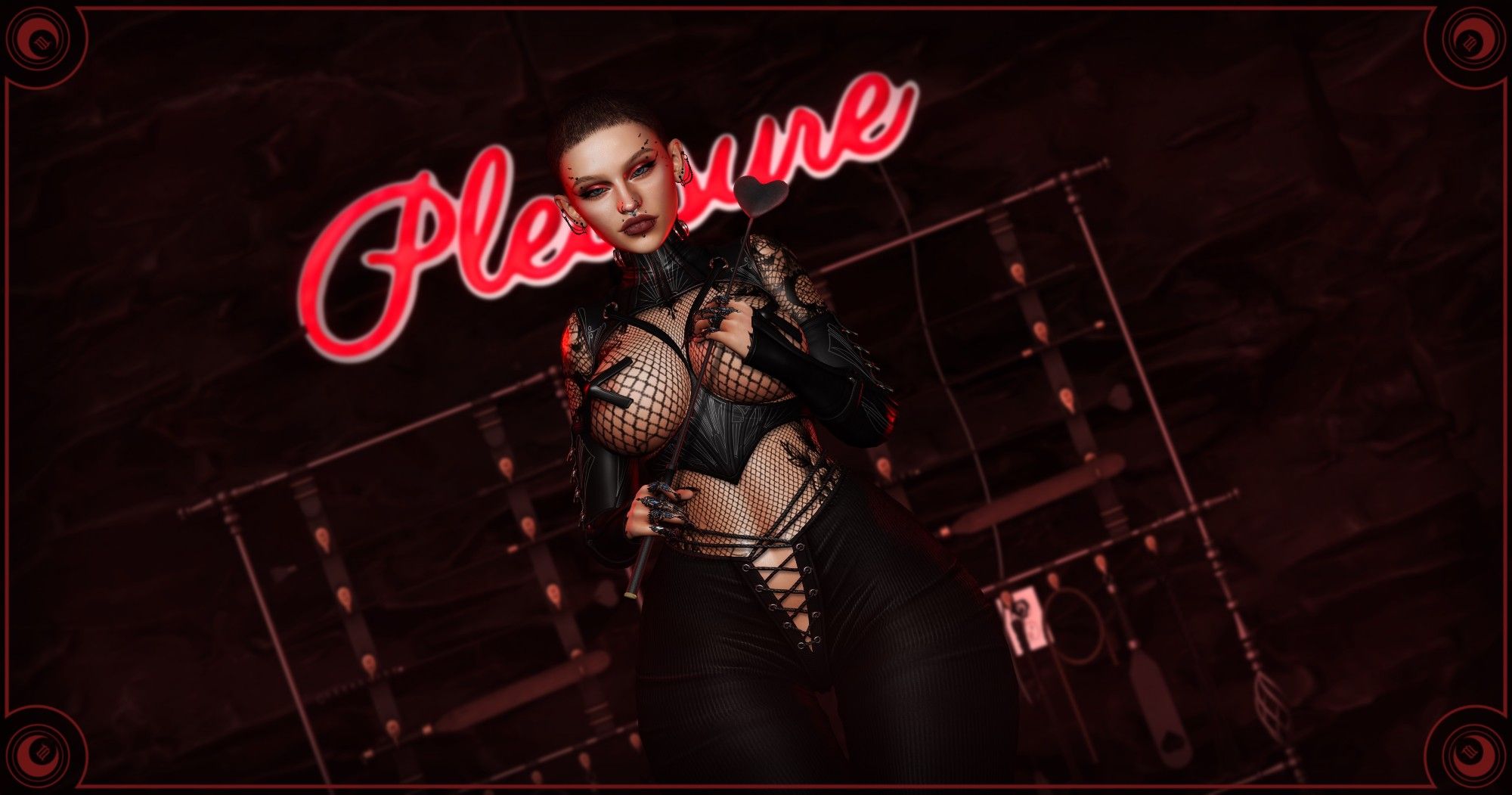 A woman with a shaved head holding a riding crop in a subtly dominant position. She stands in front of a rock wall facade with two racks of bondage paraphernalia displayed, as well as a neon sign that says 'Please' in red cursive.