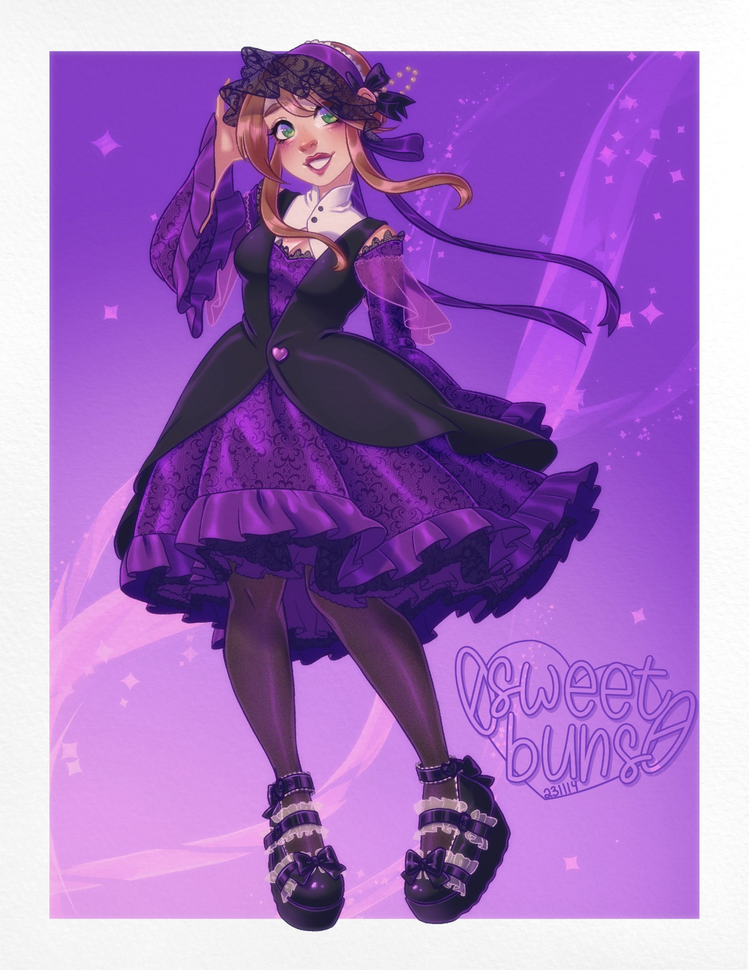 [digital, full body, 2023]

a girl with light brown hair, fair skin, and green eyes wearing a purple and black EGL coord. she has makeup on: a deep berry lip that has a slight gradiation to purple in the middle and similar colored eyeshadow with white accents on the inner corners of the eyes. there is wind blowing her hair, which is short except for two long tendrils in the front, to the right of the canvas, along with the skirt of the dress and some ribbons coming from the bottom of her headband.