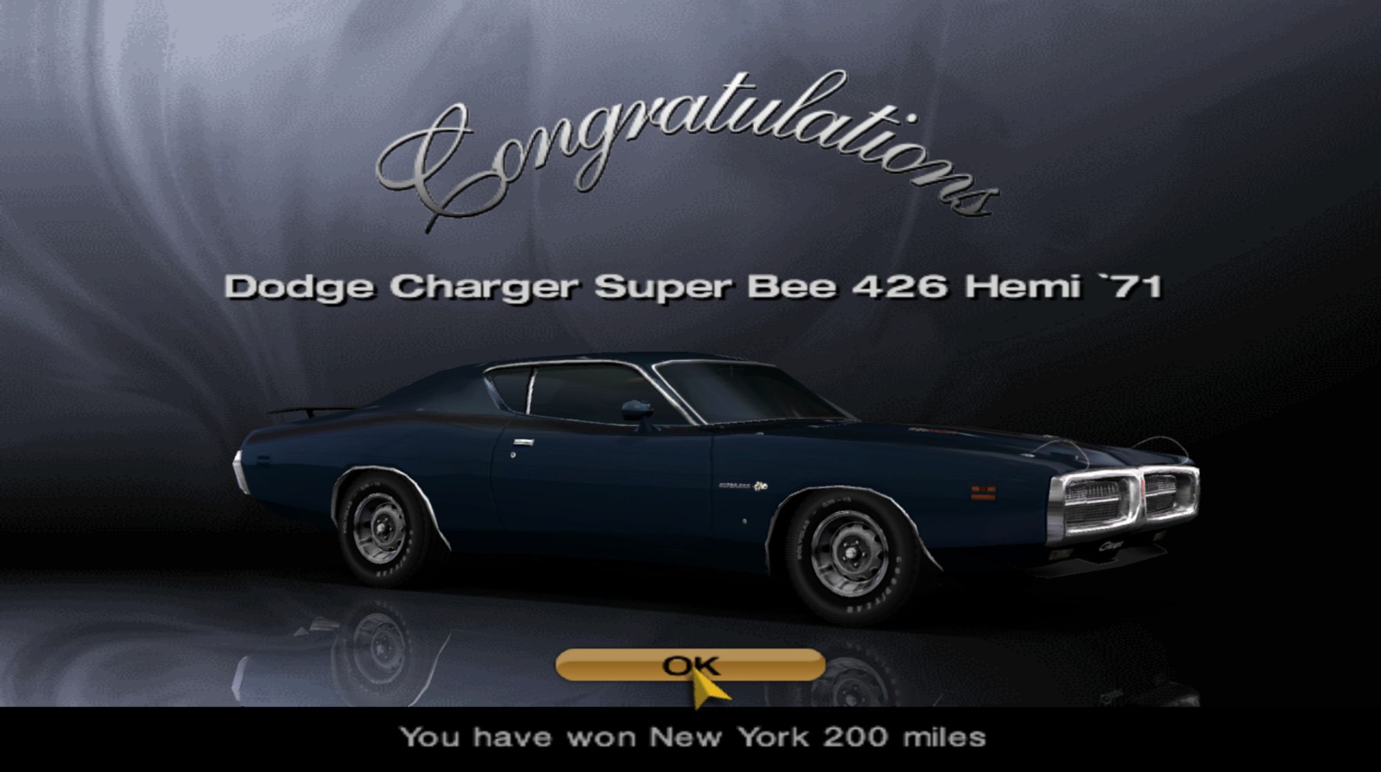 Prize car for the New York 200 Miles Endurance in Gran Turismo 4; a 1971 Dodge Charger Super Bee 426 HEMI.