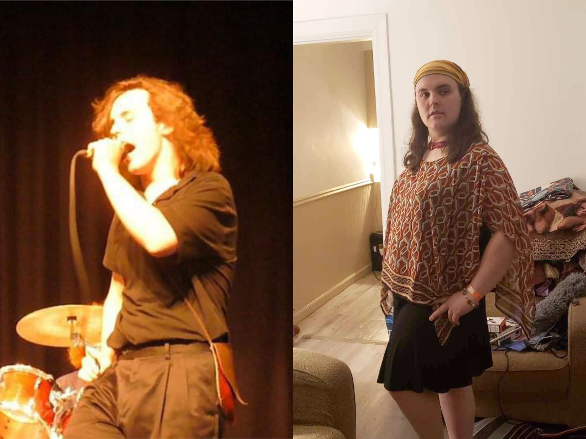 A side by side comparison of Cecily aged 15 in May 2011 and age 28 in May 2024. Same living room as 2024 but from a different angle. In the left photo she is wearing a black polo with matching slacks and a fake leather hip bag, and is holding and singing into a microphone. In the right photo, she is wearing a black skirt and a black tank top with a sheer red and yellow shawl sewn into it, a yellow and orange bandana and a red necklace. She is looking dramatically to her left behind the friend taking this photo