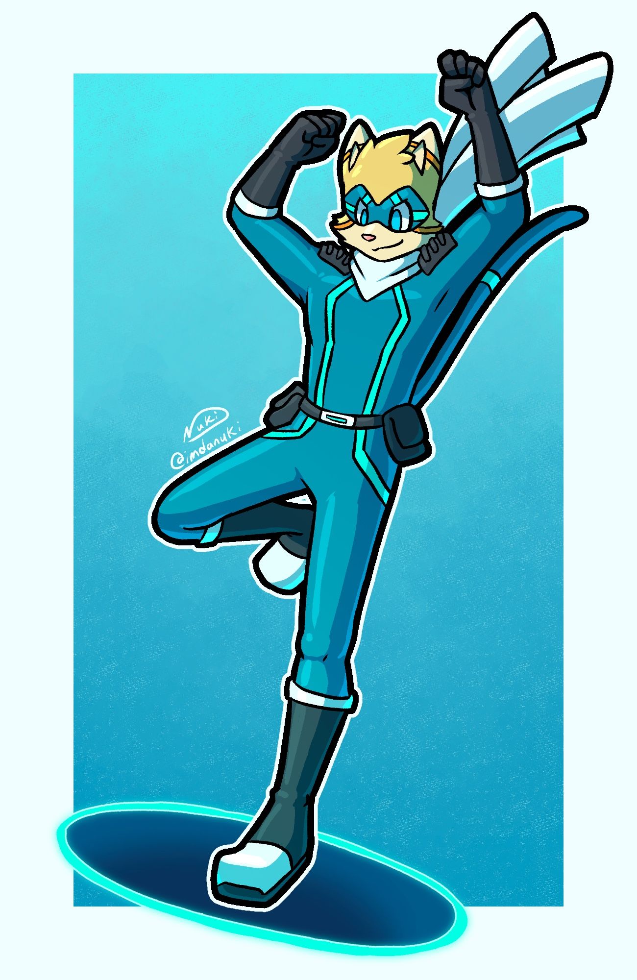 A cell-shaded drawing of a yellow feline with a teal superhero outfit falling through a portal on the ground with a smirk.