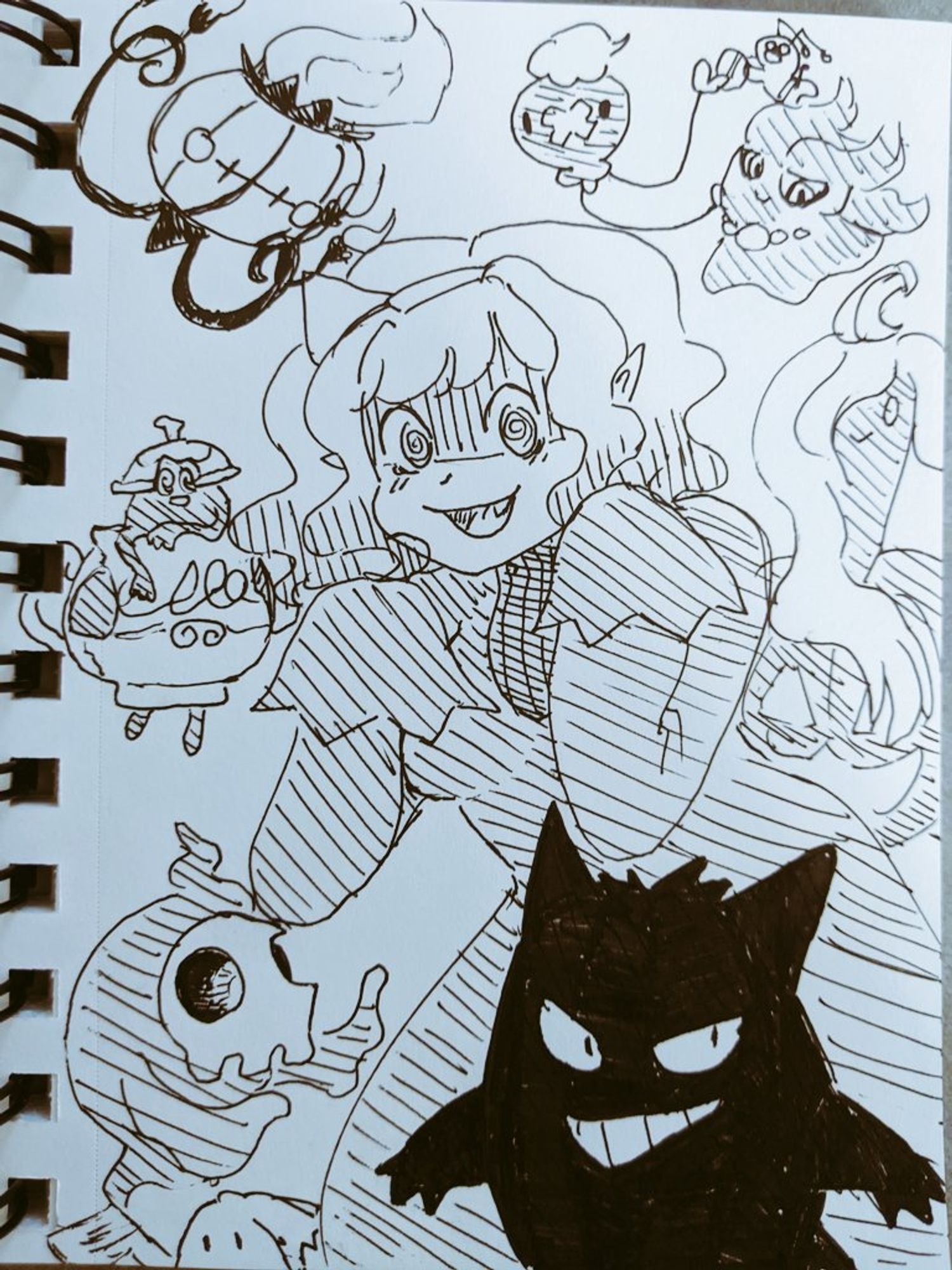 Mint Fantome dressed as the hex maniac from Pokemon Generation 6. She is surrounded by ghost pokemon, going clockwise from bottom right: Gengar, Mimikyu, Duskull, Polteageist, Chandelure, Drifloon, Gimmighoul, Misdreavus, and Gourgeist.