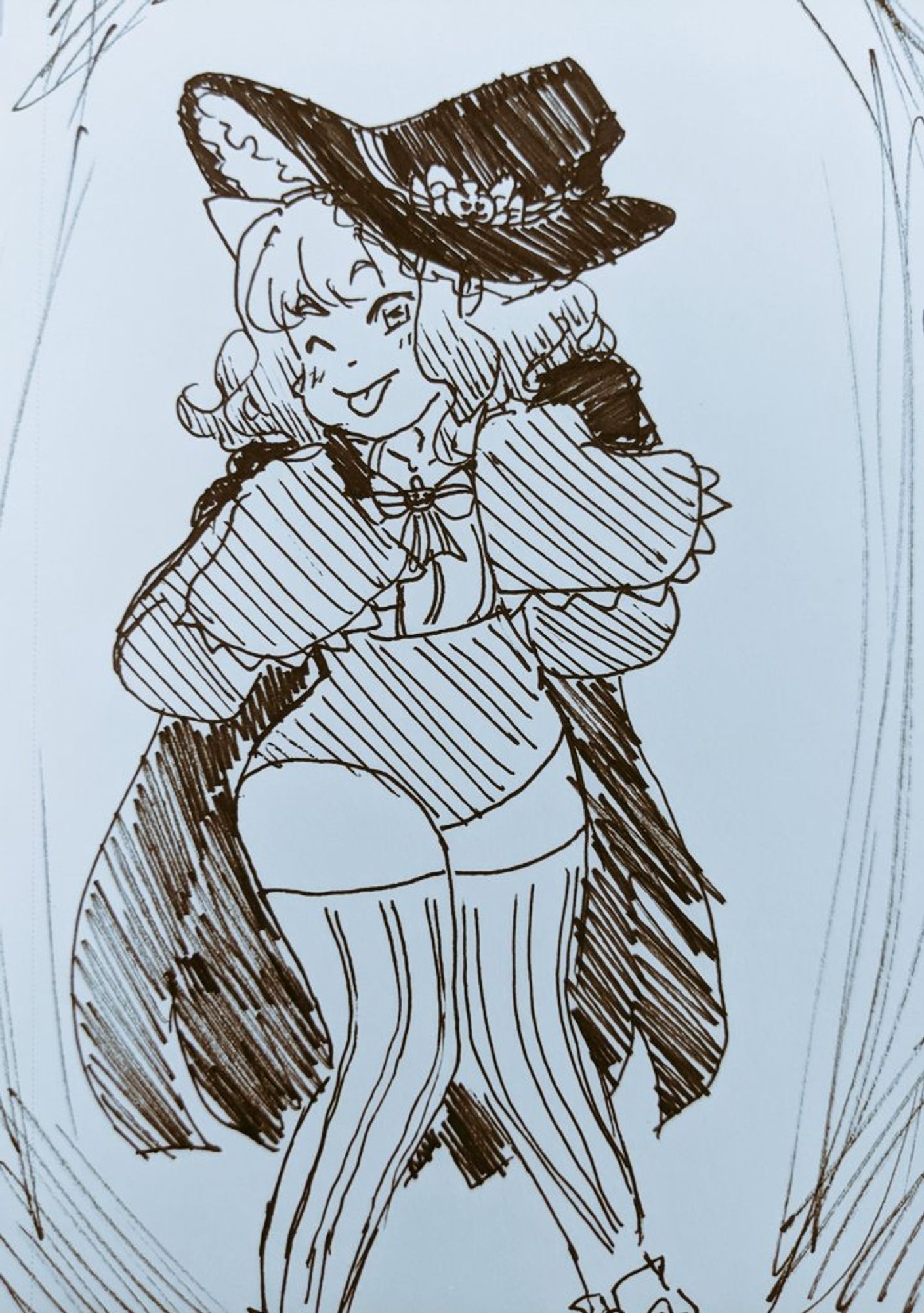 Mint Fantome in a dark witch's hat, a leotard with her usual long sleeves, thigh high striped socks, and a cape