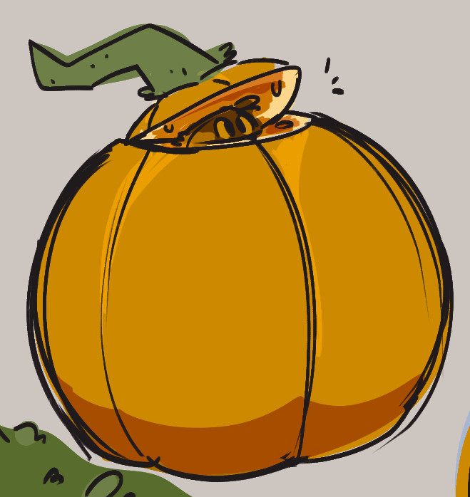 A drawn, large pumpkin. The top cap is carved out, and slightly lifted open from a bird inside the gourd peeking out. They are wearing the top like a hat.