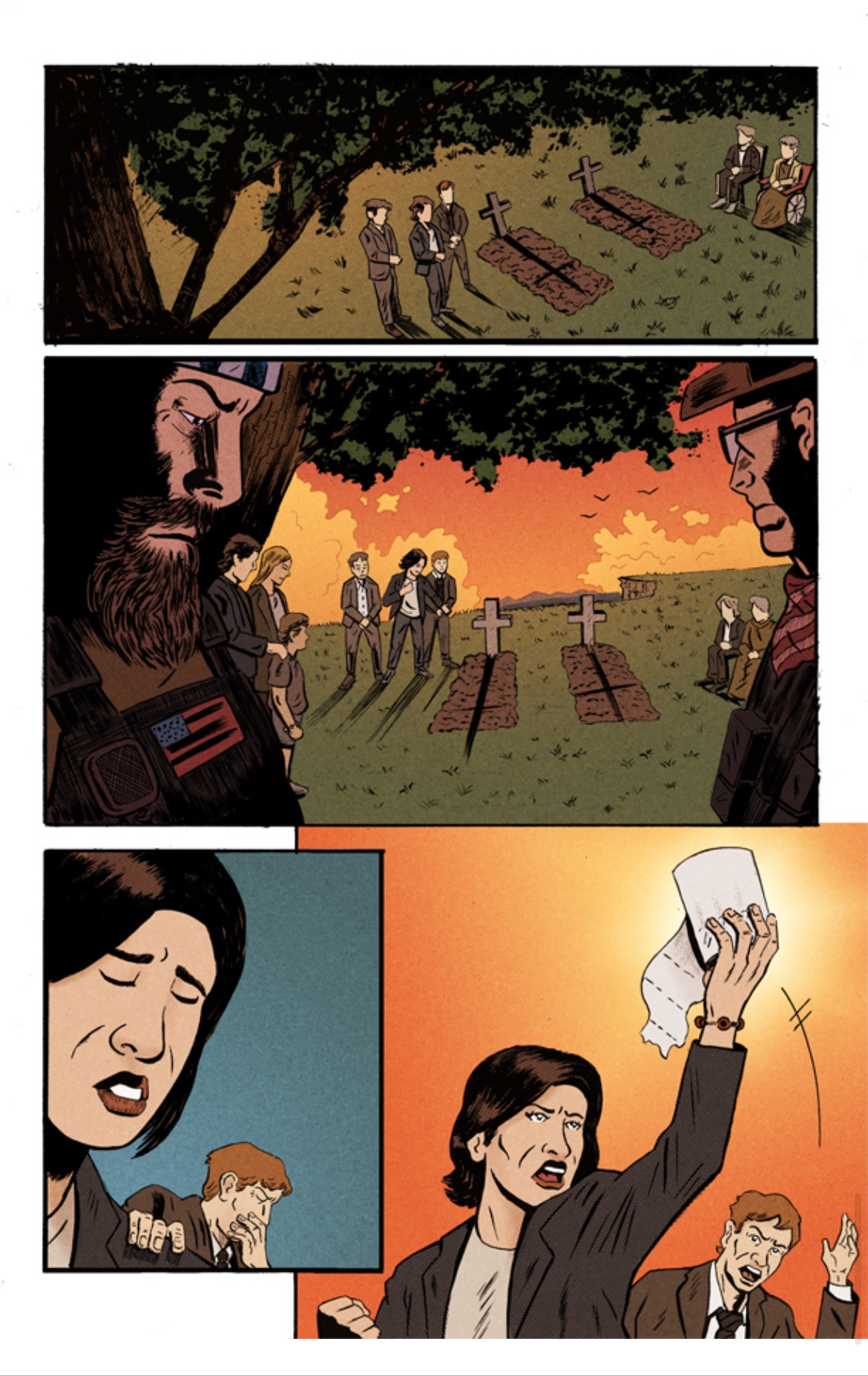 A page from the short comic “Kevin” that is part of the Made in Delco anthology. It shows a few people standing near 2 graves in the 1st panel. The 4th panel shows one of the characters triumphantly holding up a roll of toilet paper.