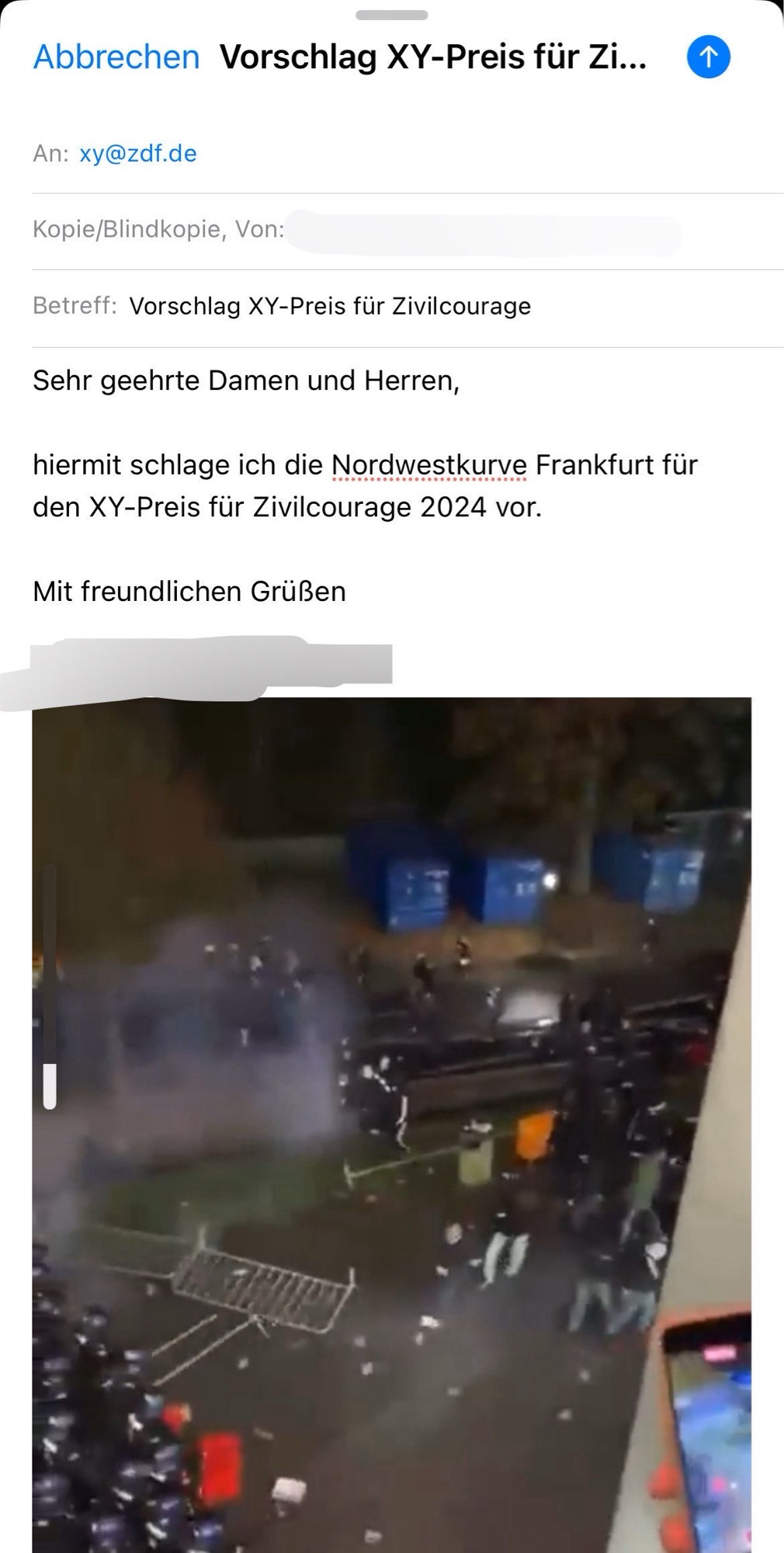 Screenshot Mail an die Adresse der ZDF-Sendung Aktenzeichen XY mit dem Vorschlag, die Nordwestkurve FfM mit dem Zivilcourage-Preis der Sendung für 2024 zu bedenken.