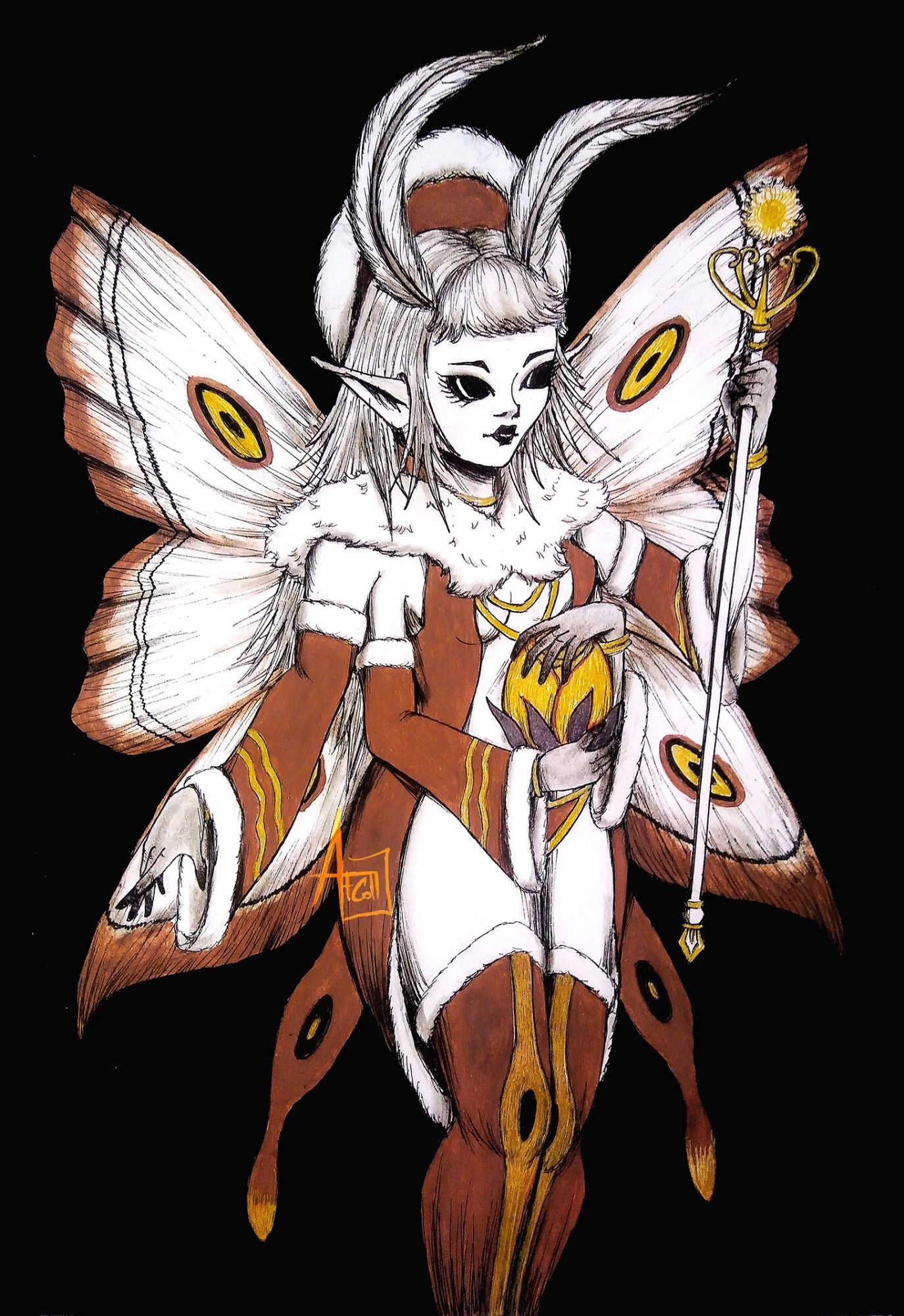 A moth-like fairy with four arms, a scepter in one hand and with the two lower hands holding a magical cocoon.